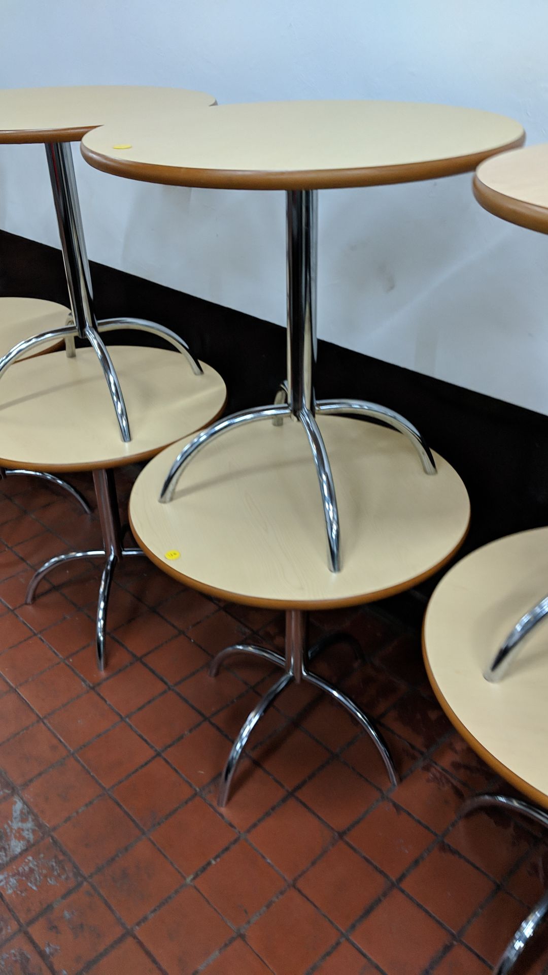 7 off café tables consisting of round tops on single pedestal 4-leg silver metal bases NB. Lots - Image 4 of 6