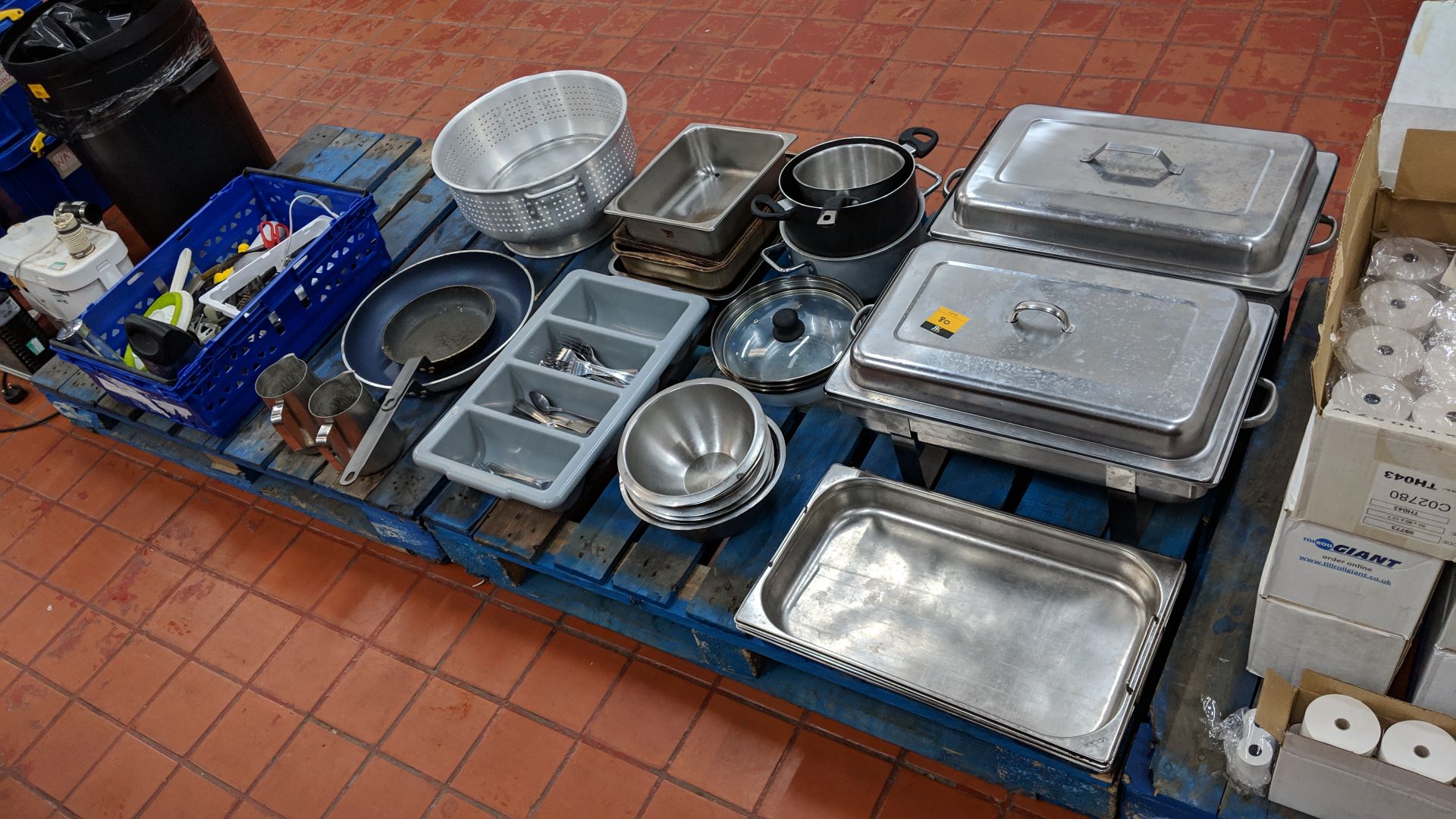 Contents of 2 pallets of assorted catering equipment including chafing dishes, pans, cutlery, long