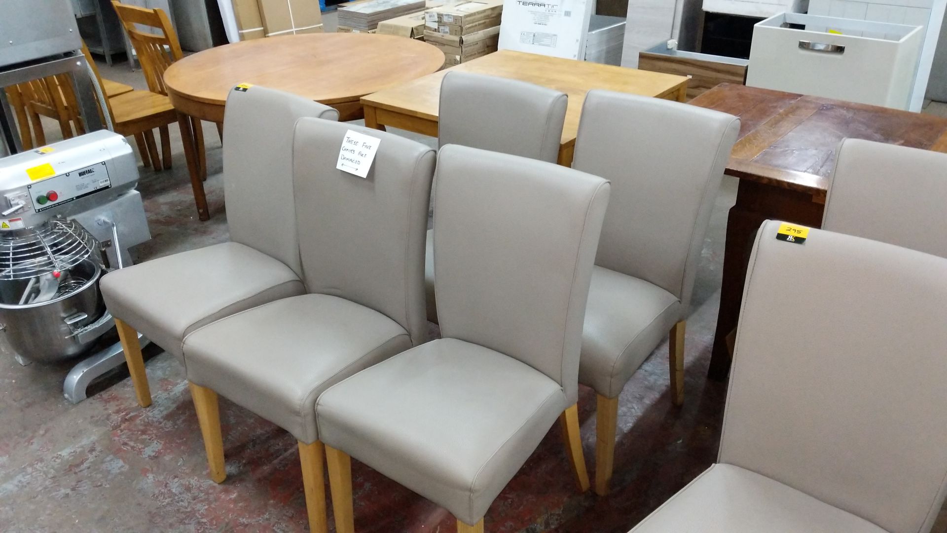 5 off dining chairs with wooden legs, upholstered in taupe leatherette type fabric, understood to - Image 4 of 5