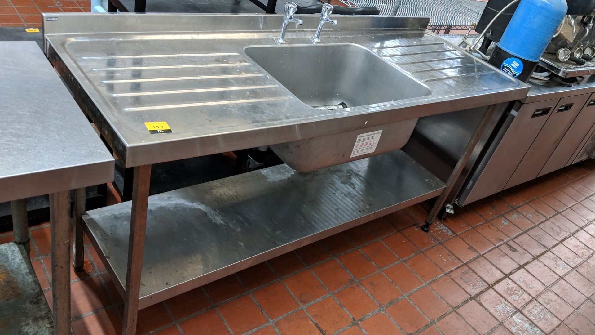 Stainless steel twin-tier table/sink arrangement with drainers on either side circa 1800mm long Lots - Image 4 of 4