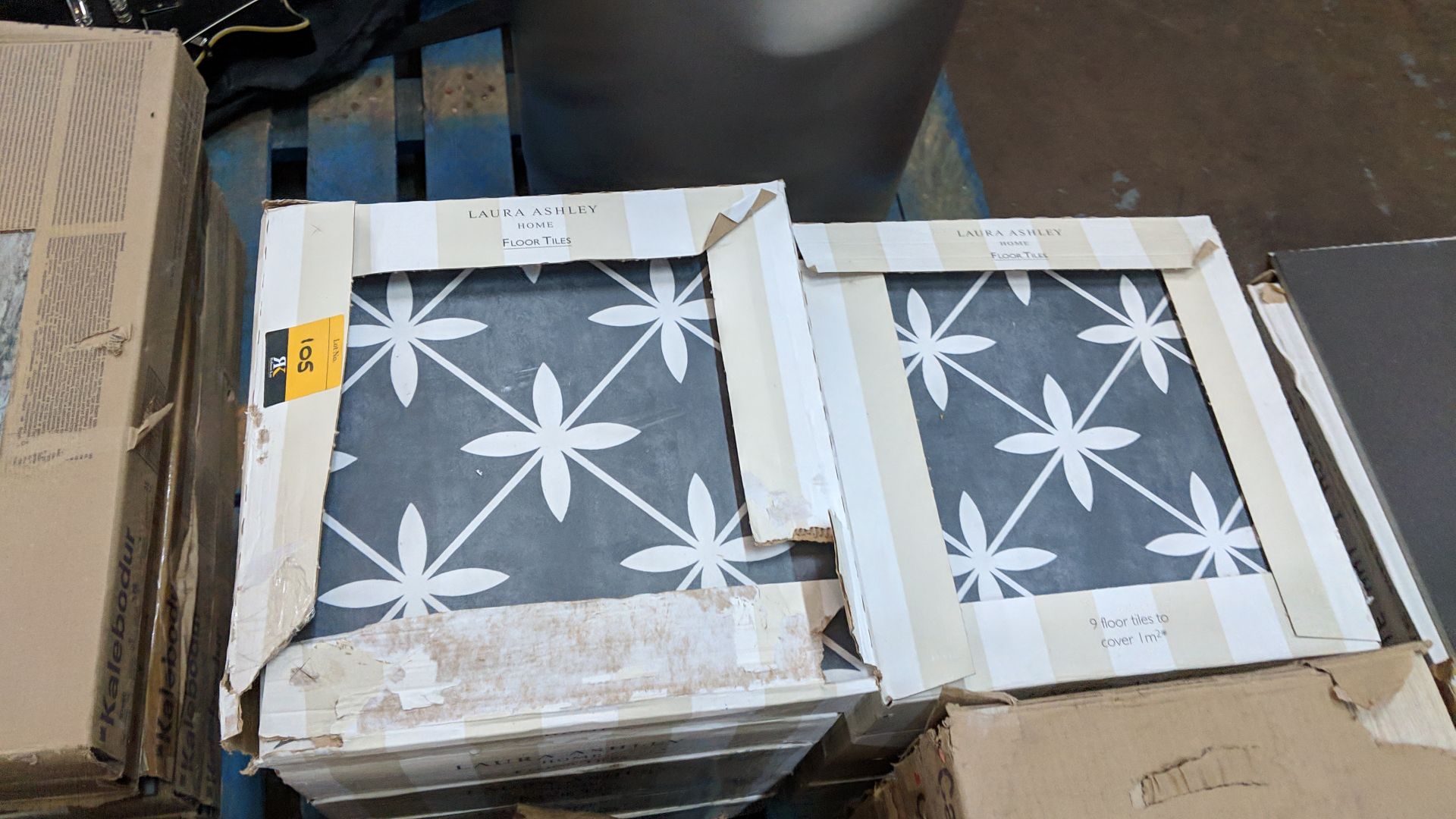 9 boxes of Laura Ashley grey & white patterned floor tiles, each box containing 9 tiles which - Image 3 of 6