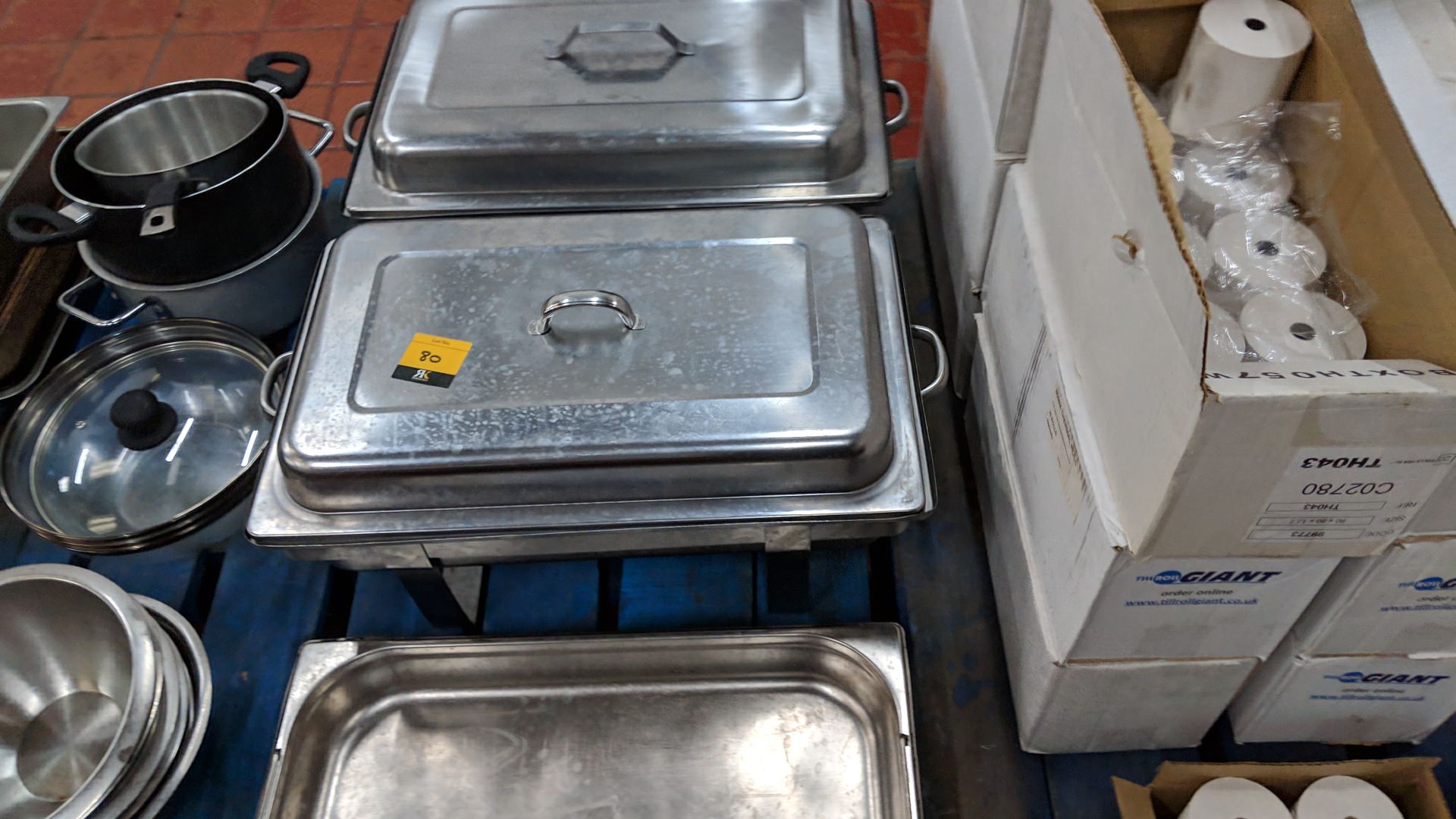 Contents of 2 pallets of assorted catering equipment including chafing dishes, pans, cutlery, long - Image 4 of 11