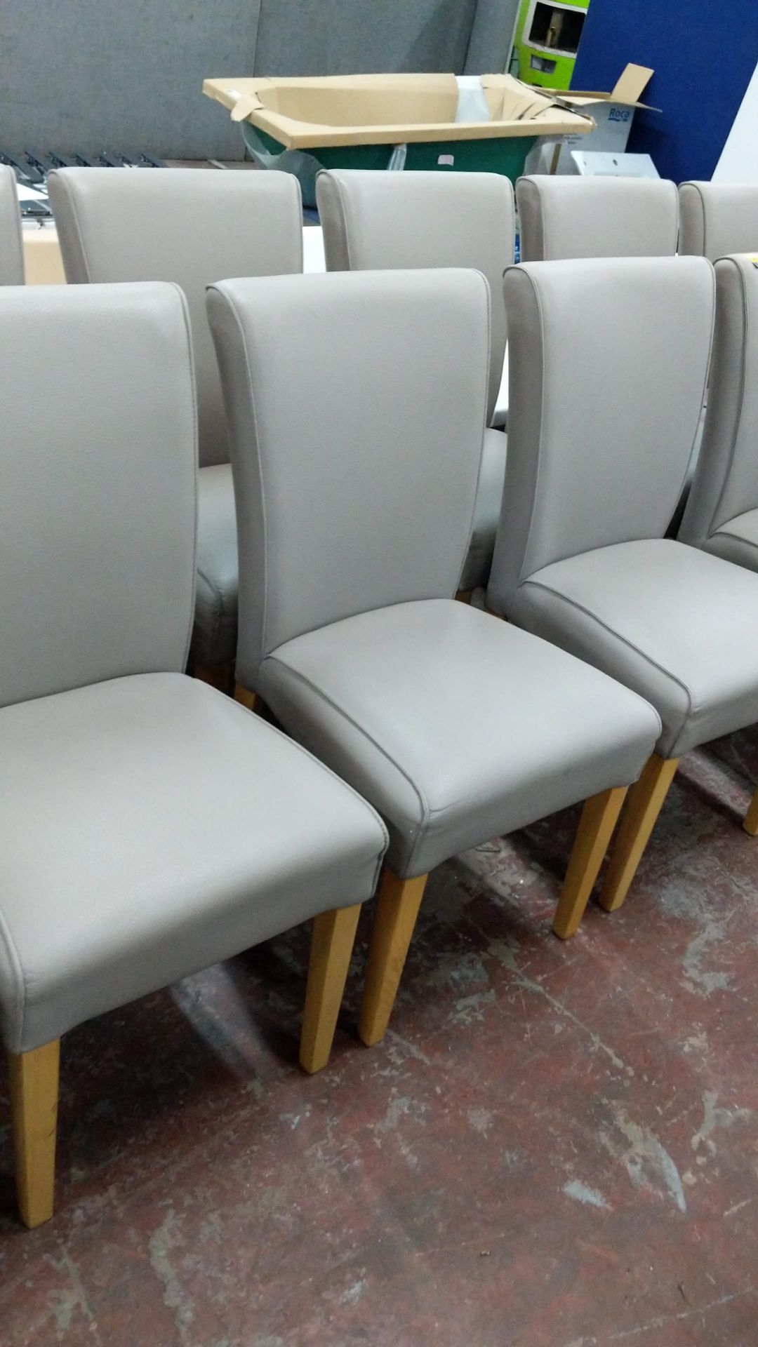 6 off dining chairs with wooden legs, upholstered in taupe leatherette type fabric, understood to - Image 3 of 6