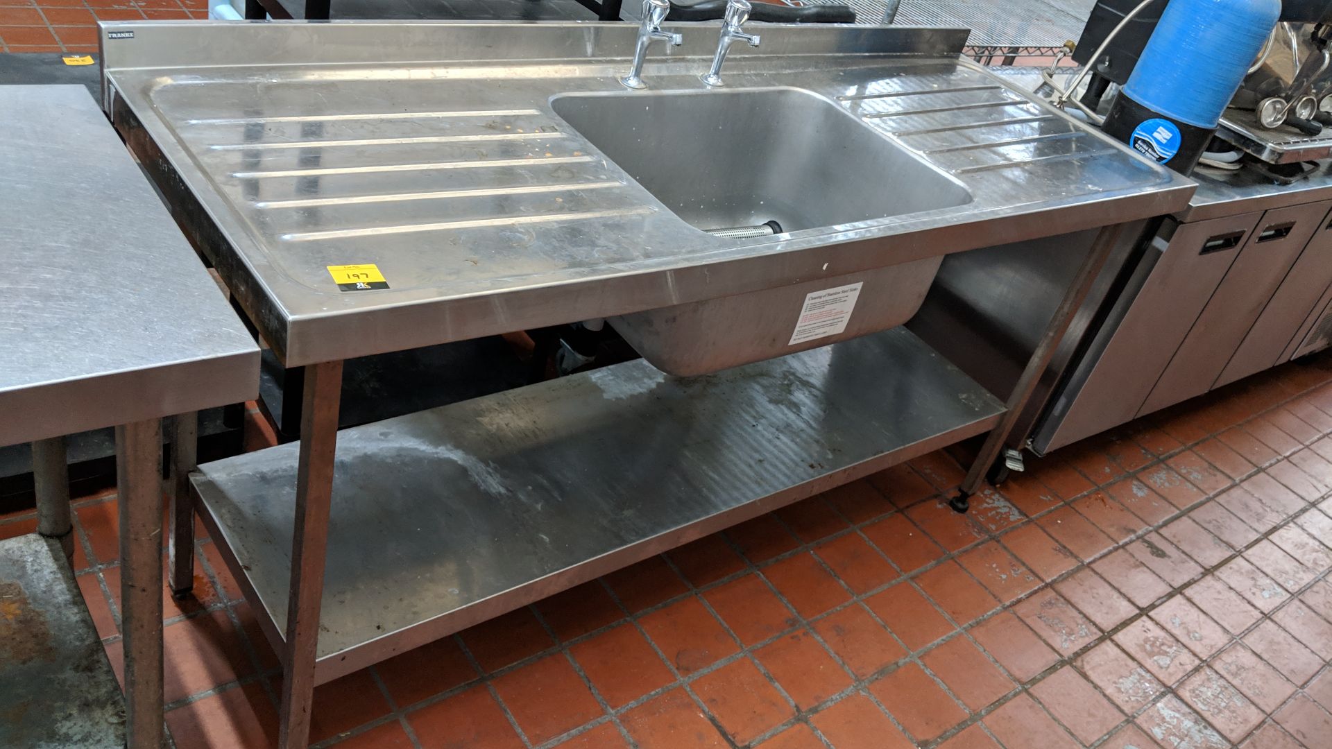 Stainless steel twin-tier table/sink arrangement with drainers on either side circa 1800mm long Lots - Image 3 of 4