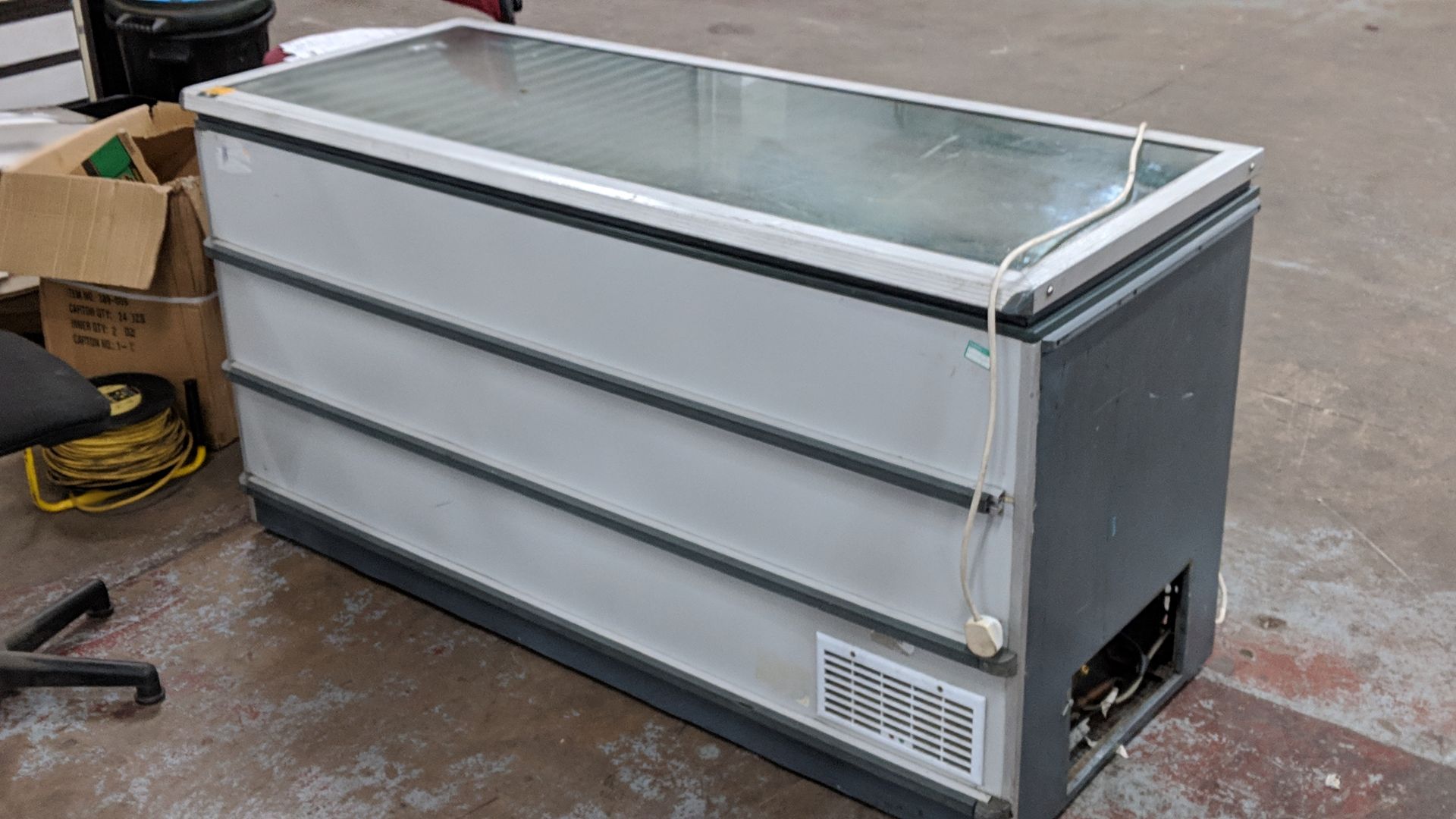Clear topped retail display chest freezer, circa 1700mm wide IMPORTANT: Please remember goods