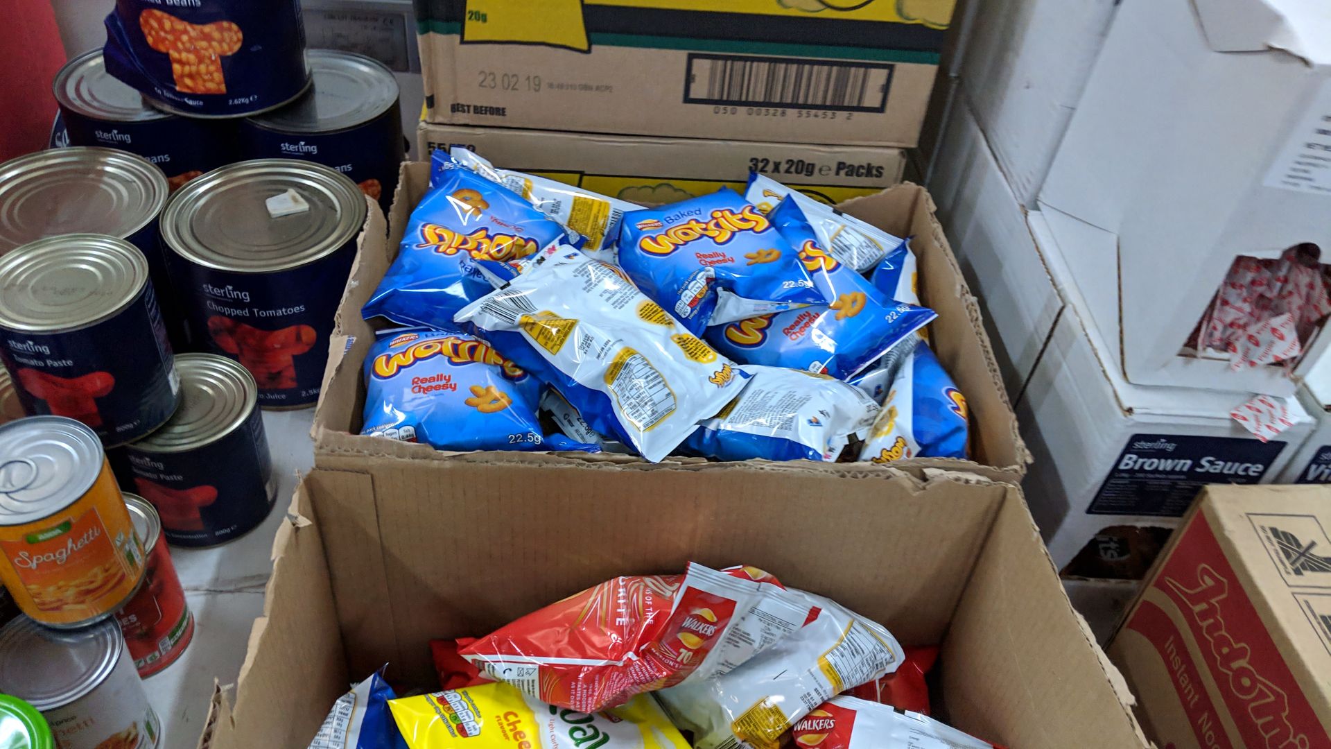 Quantity of foodstuffs comprising 4 boxes of crisps, quantity of cans and jars of food, dispensing - Image 4 of 12