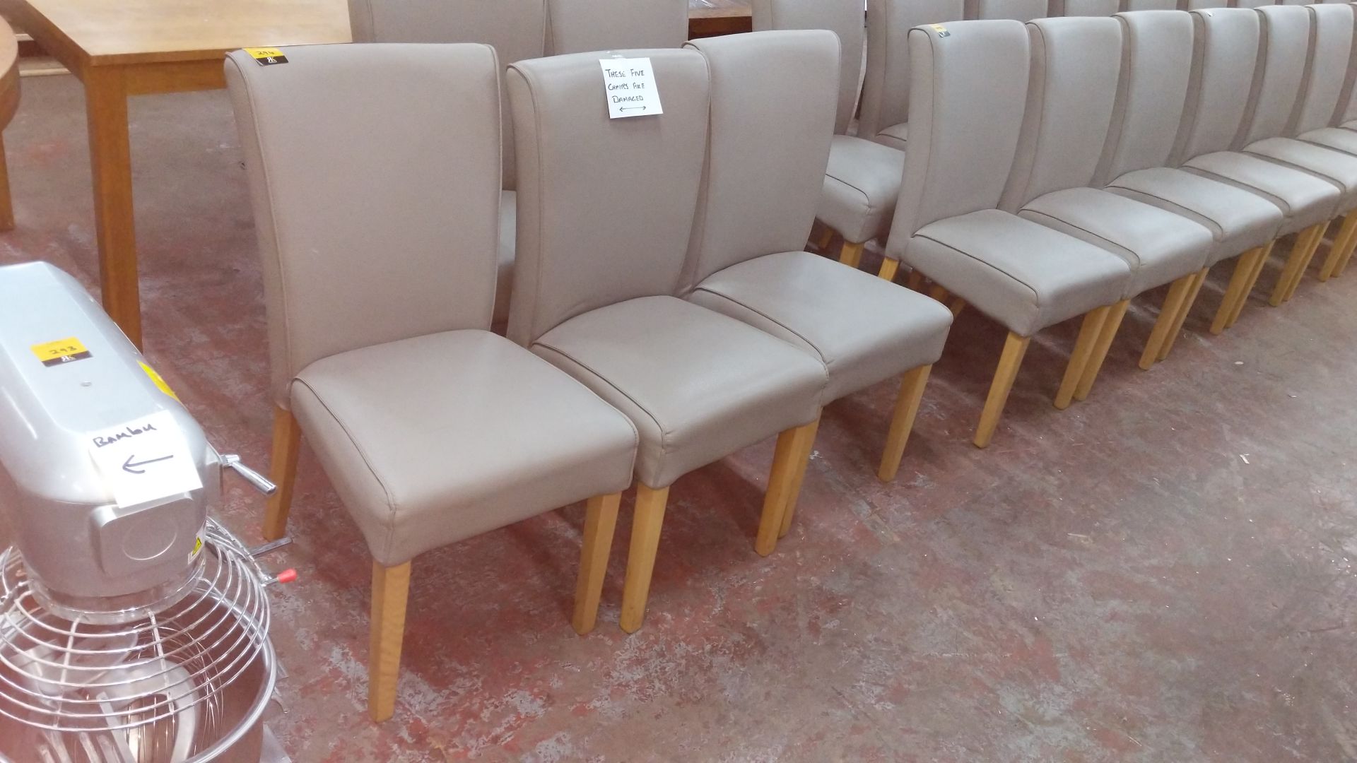 5 off dining chairs with wooden legs, upholstered in taupe leatherette type fabric, understood to - Image 2 of 5