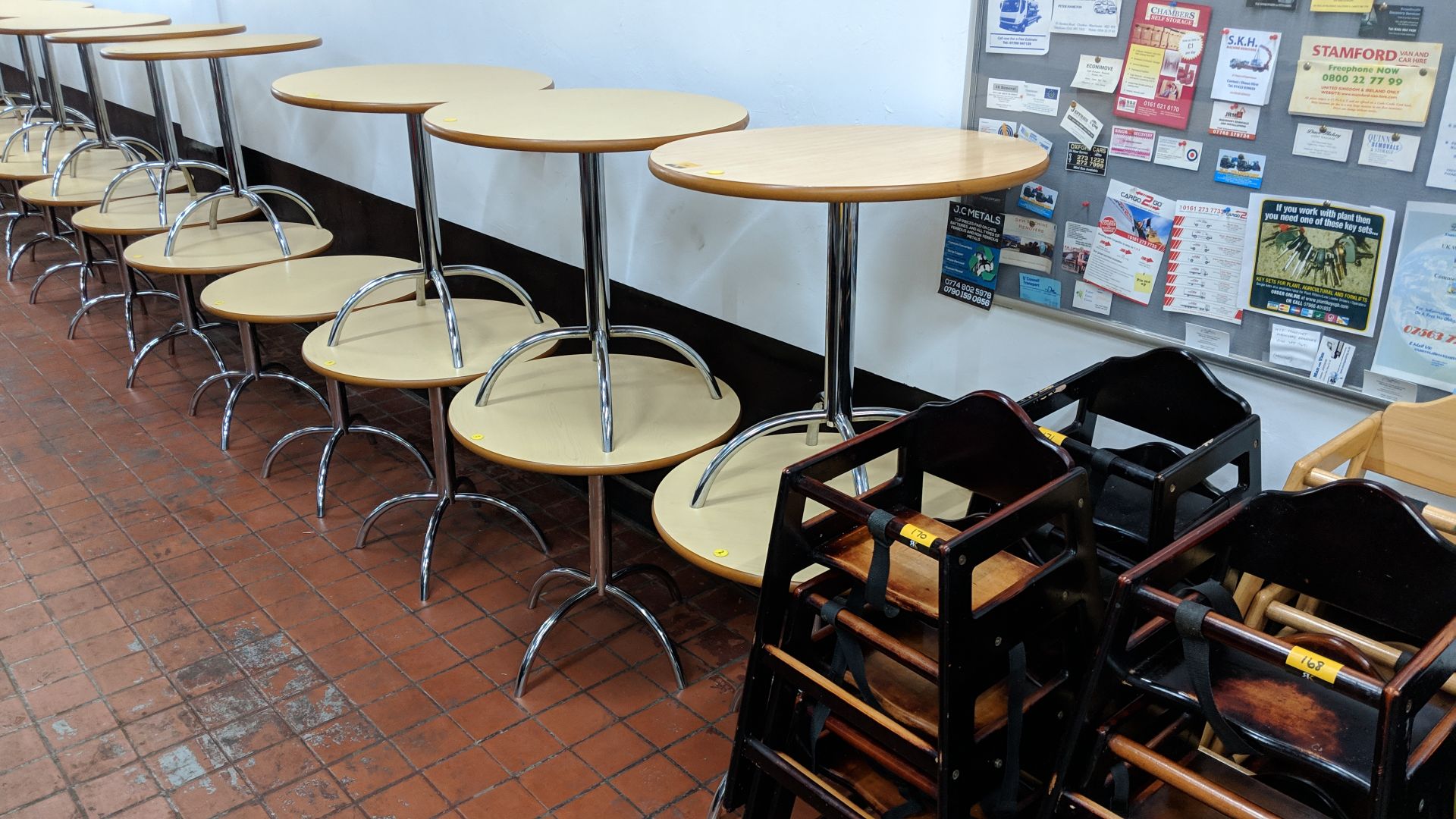 7 off café tables consisting of round tops on single pedestal 4-leg silver metal bases NB. Lots - Image 2 of 6