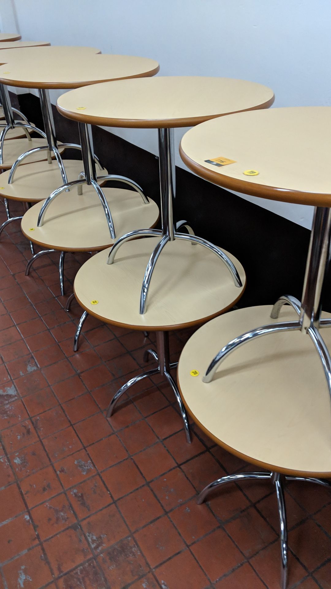 10 off café tables consisting of round tops on single pedestal 4-leg silver metal bases NB. Lots 173 - Image 4 of 6