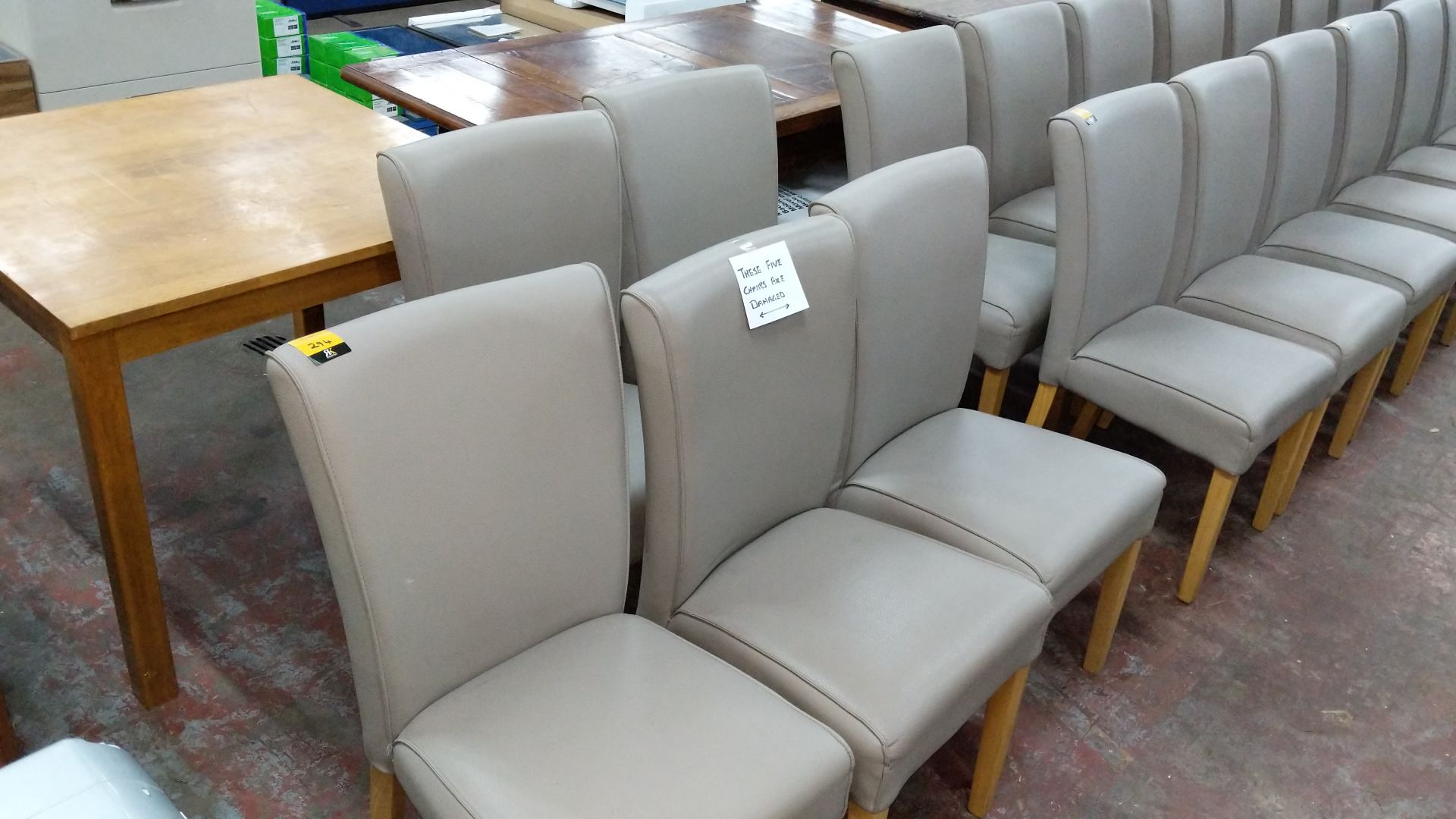 5 off dining chairs with wooden legs, upholstered in taupe leatherette type fabric, understood to - Image 3 of 5