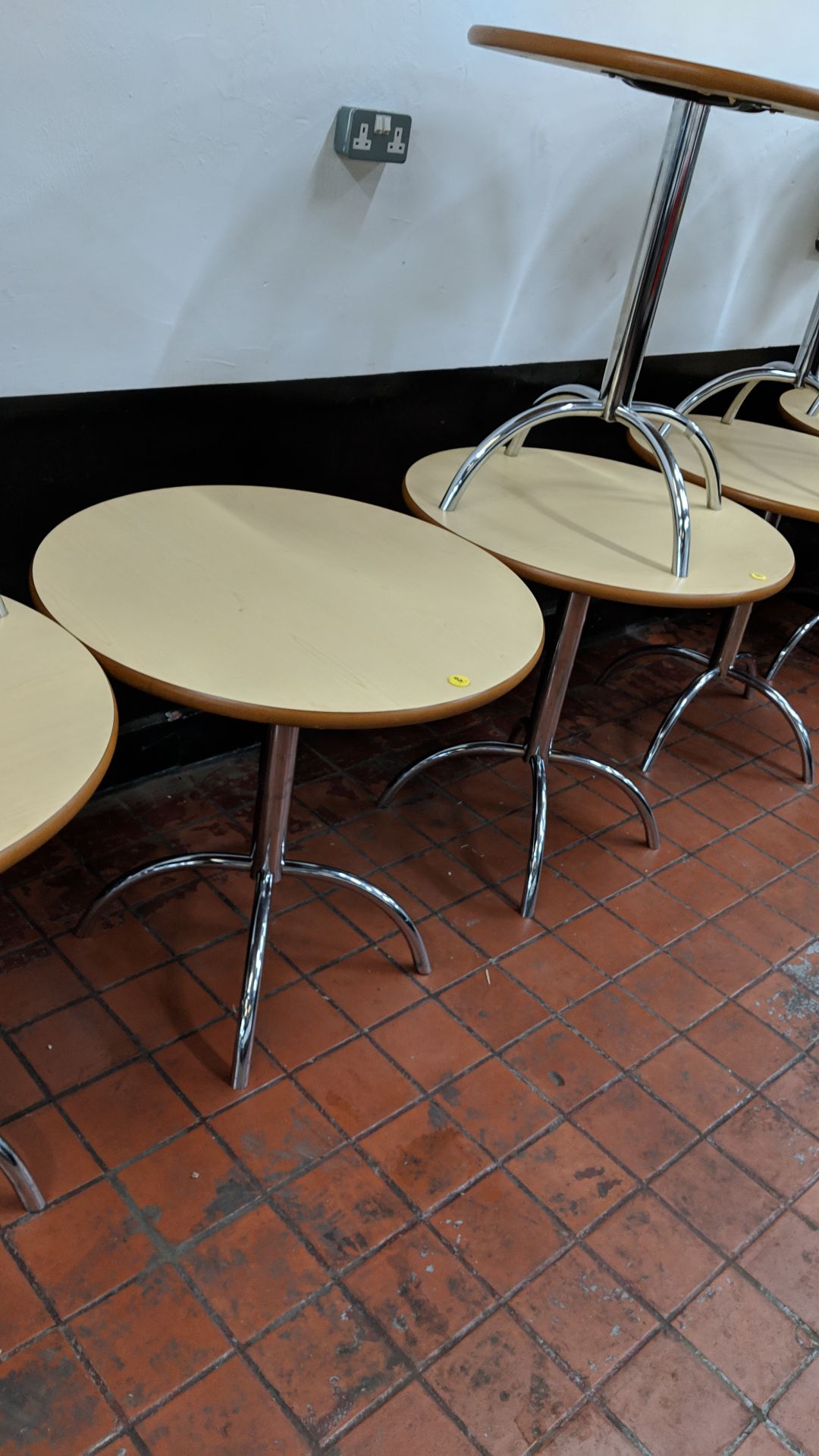 7 off café tables consisting of round tops on single pedestal 4-leg silver metal bases NB. Lots - Image 6 of 6
