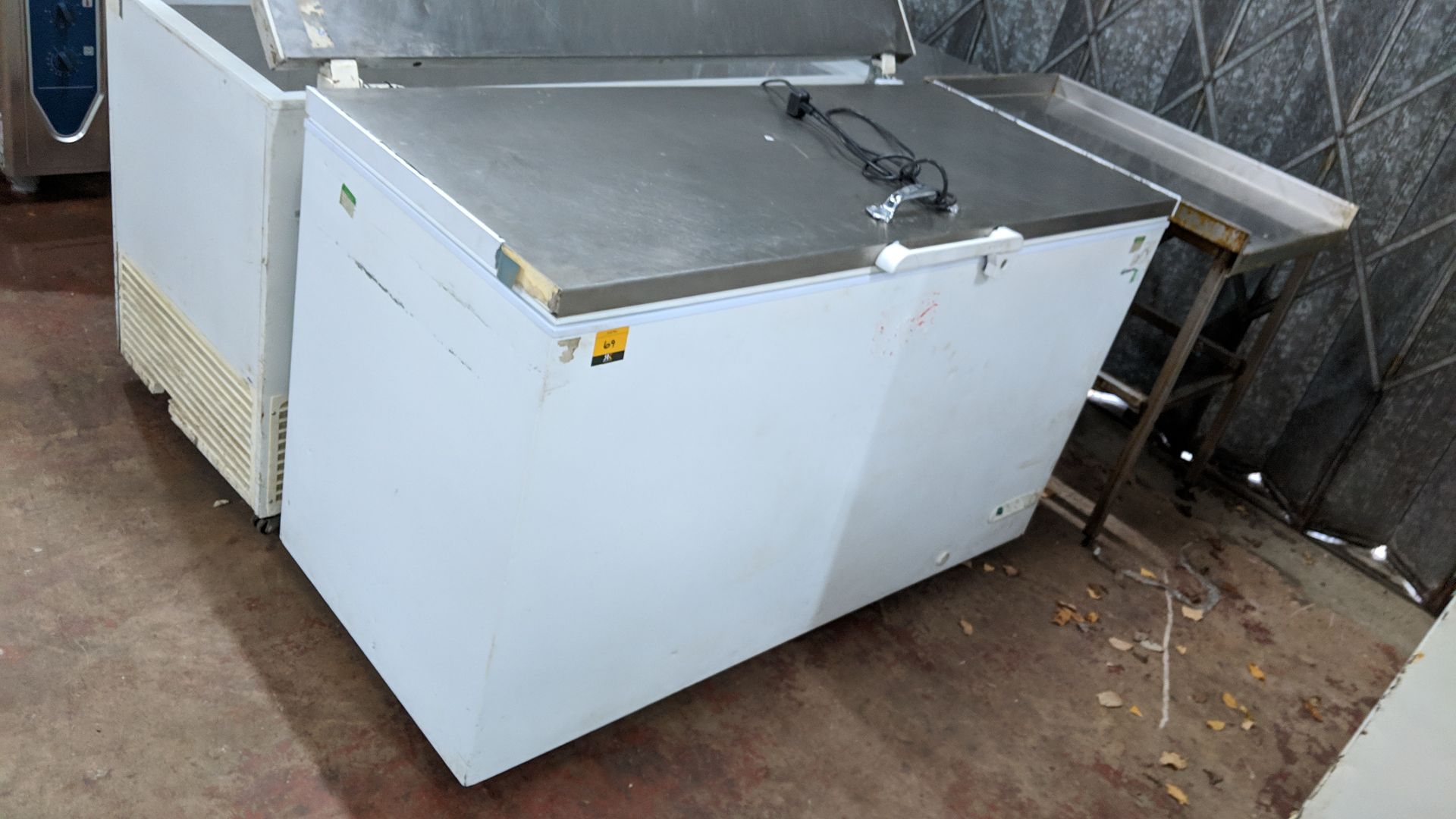 Gram chest freezer with stainless steel lid & twin handles, circa 1500mm wide IMPORTANT: Please