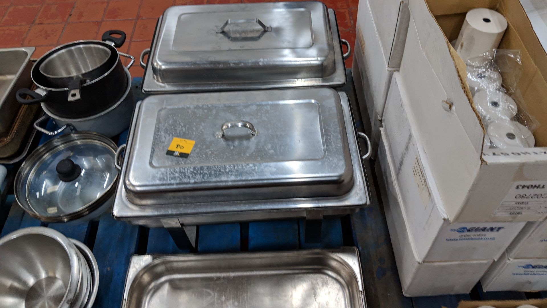 Contents of 2 pallets of assorted catering equipment including chafing dishes, pans, cutlery, long - Image 5 of 11