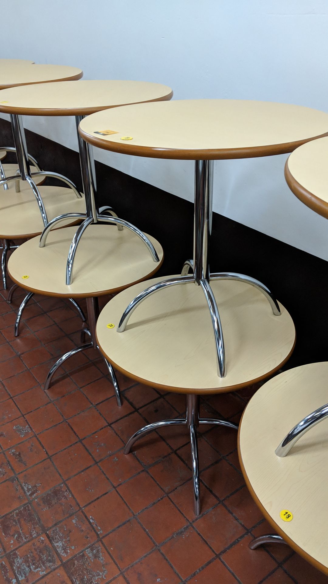 10 off café tables consisting of round tops on single pedestal 4-leg silver metal bases NB. Lots 173 - Image 2 of 6