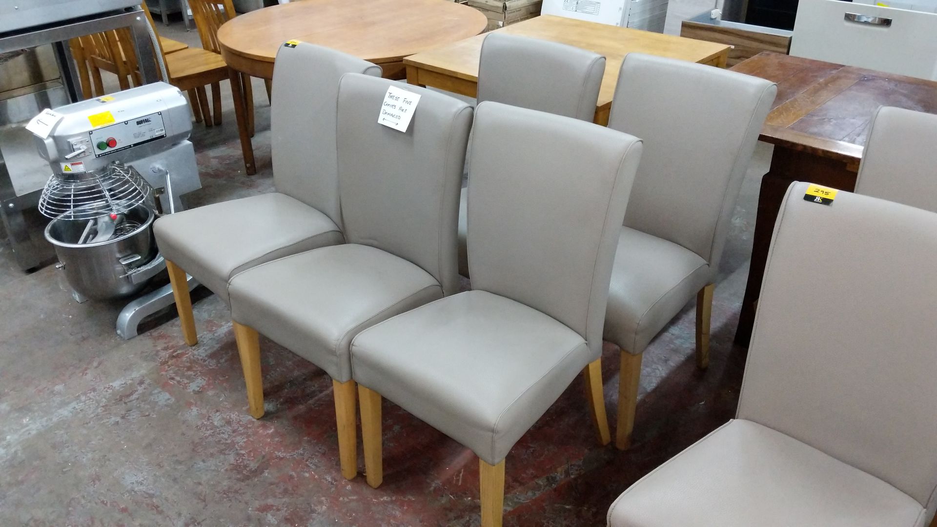 5 off dining chairs with wooden legs, upholstered in taupe leatherette type fabric, understood to - Image 5 of 5