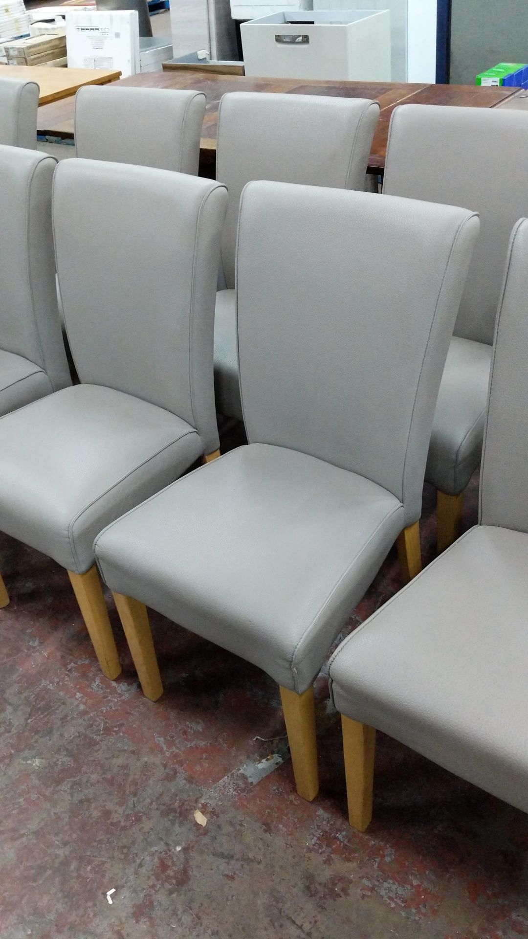 6 off dining chairs with wooden legs, upholstered in taupe leatherette type fabric, understood to - Image 5 of 6