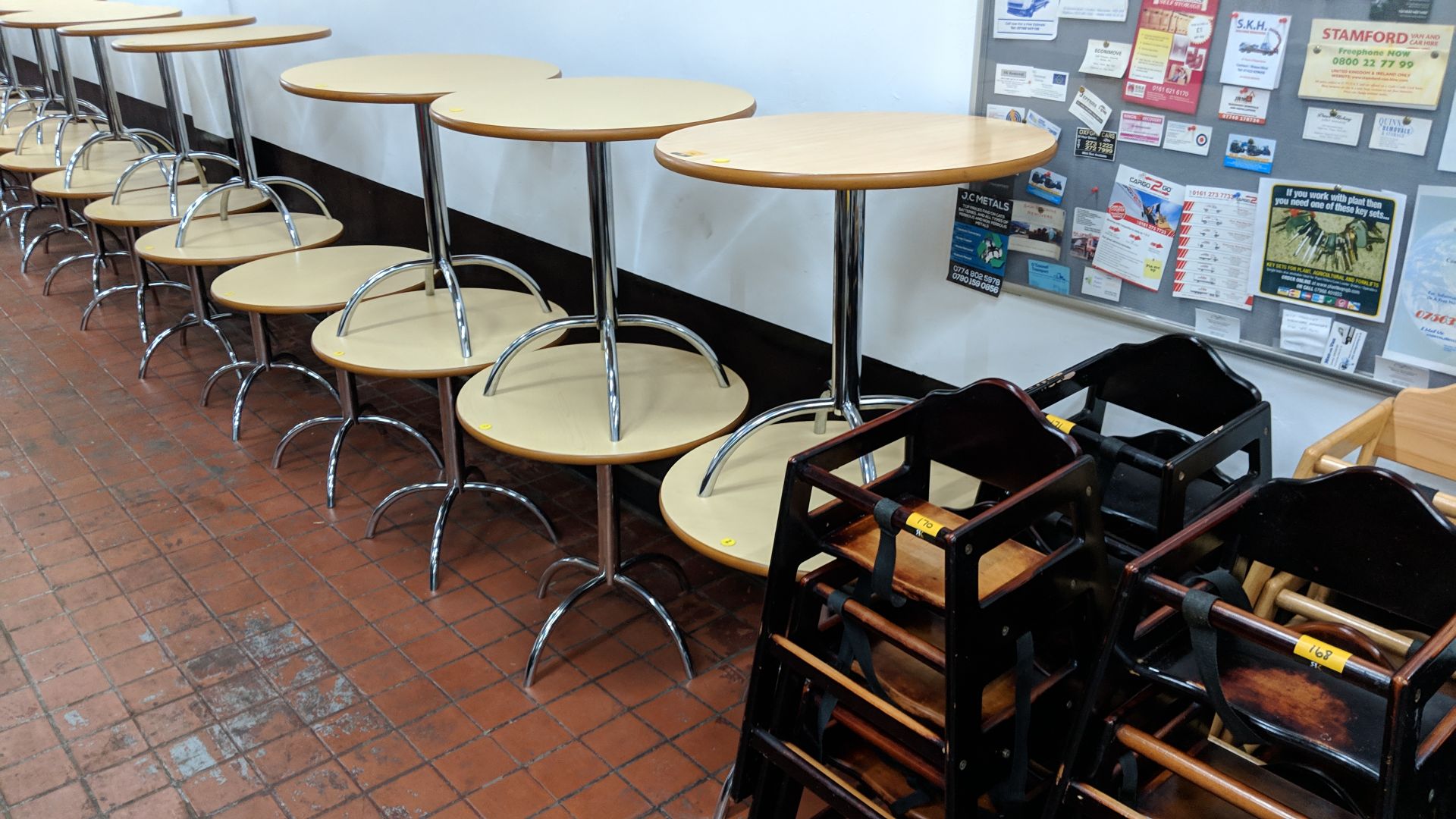 7 off café tables consisting of round tops on single pedestal 4-leg silver metal bases NB. Lots