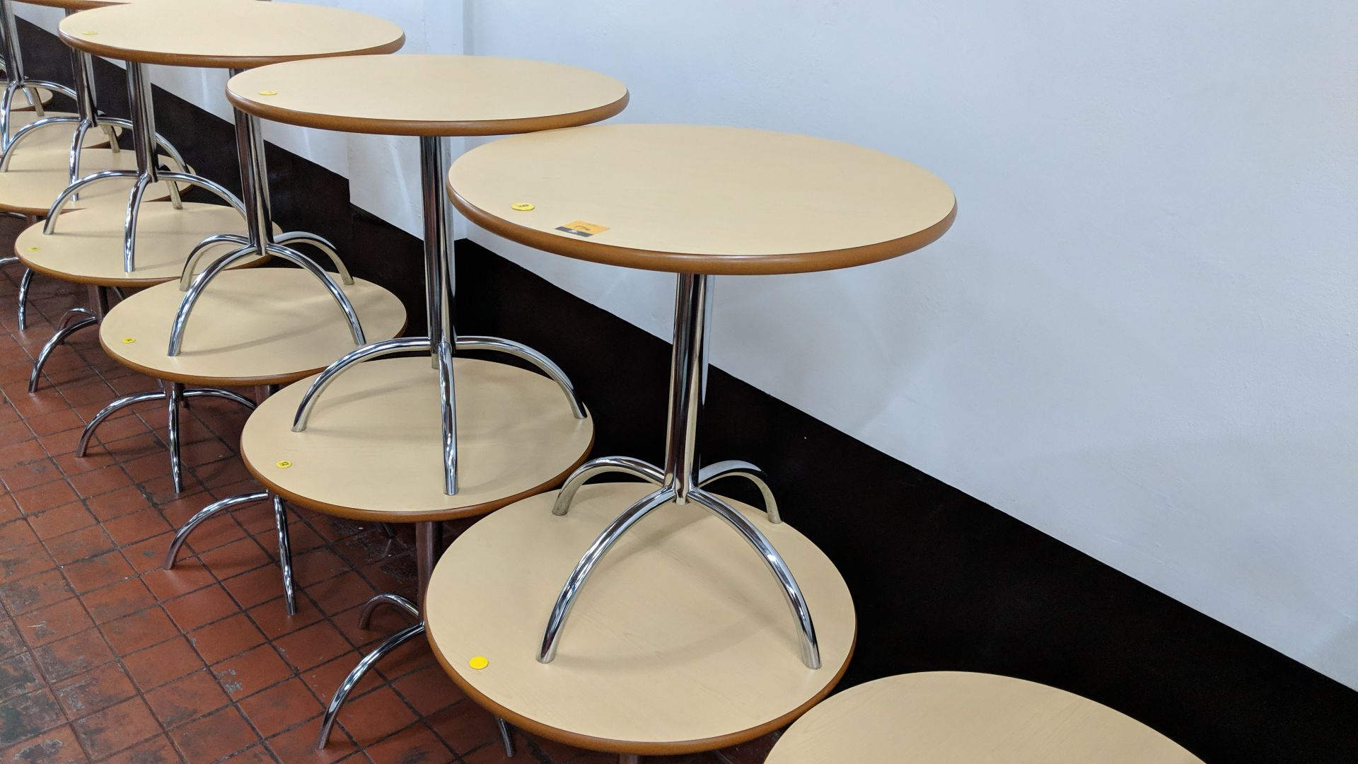 10 off café tables consisting of round tops on single pedestal 4-leg silver metal bases NB. Lots 173 - Image 2 of 6
