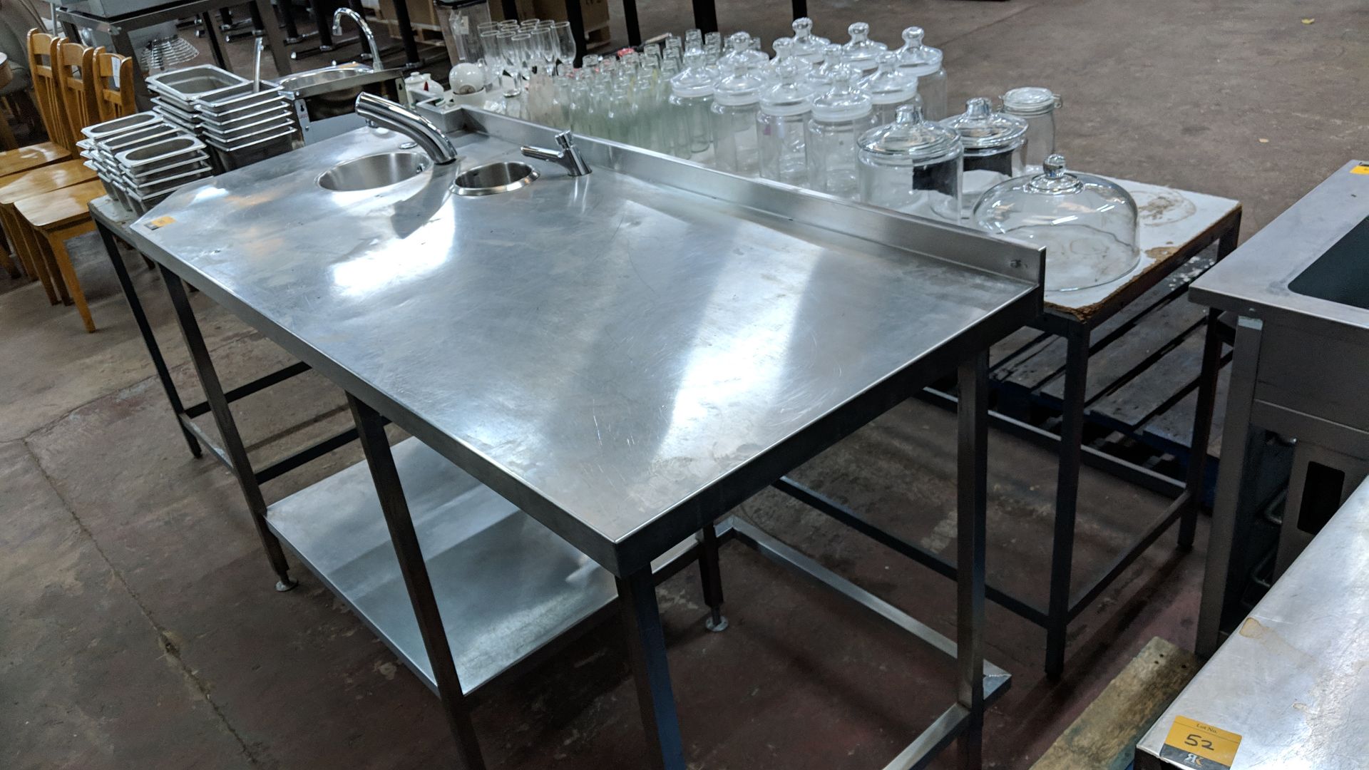 Large stainless steel twin-tier table with built-in sinks & taps IMPORTANT: Please remember goods