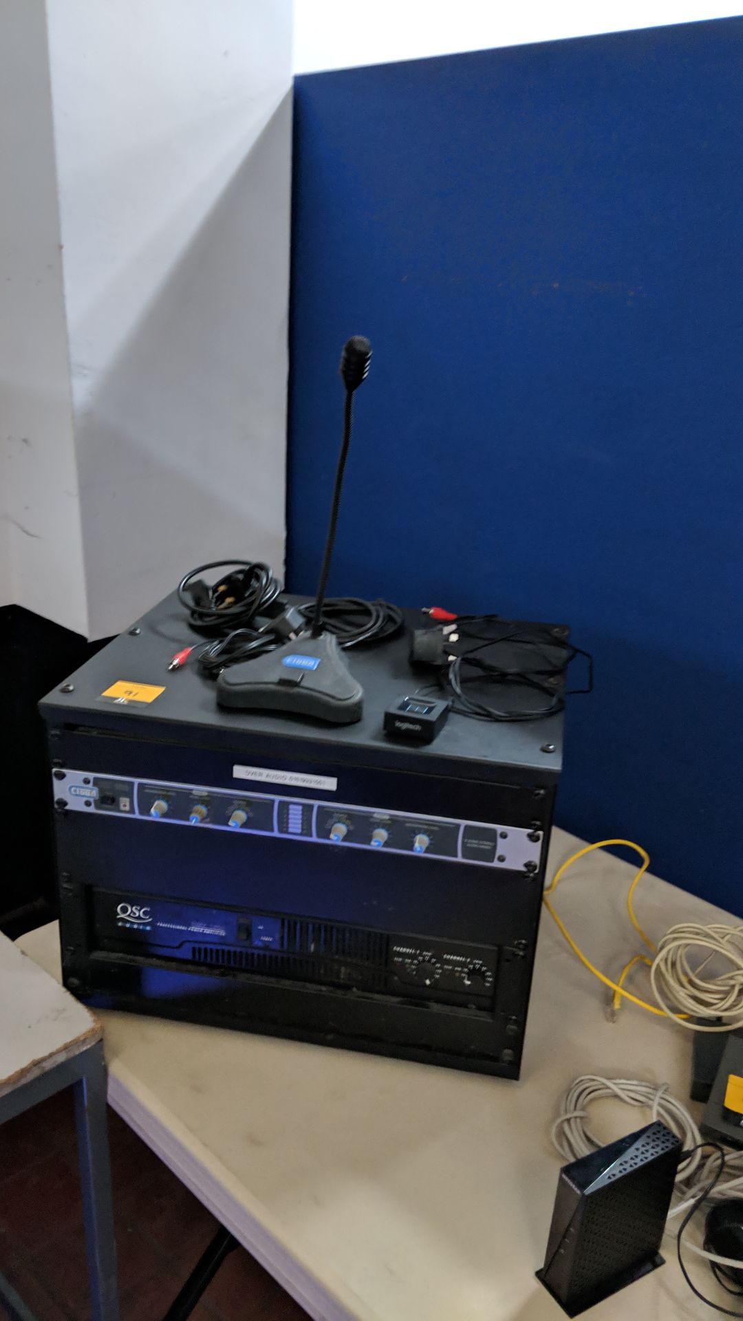 Audio visual equipment comprising mini rack with QSC Audio RMX1450 power amplifier plus Cloud