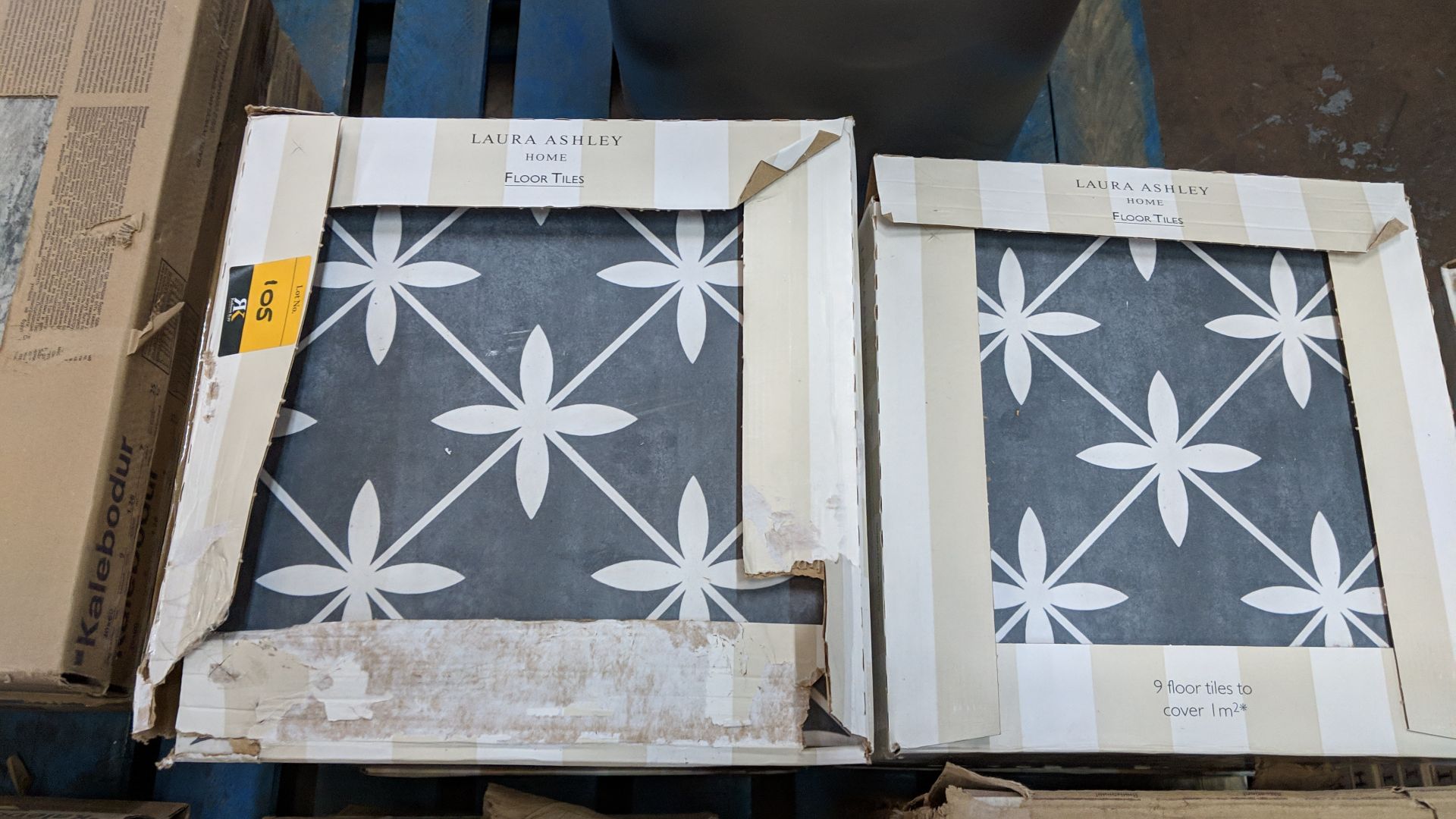 9 boxes of Laura Ashley grey & white patterned floor tiles, each box containing 9 tiles which - Image 4 of 6