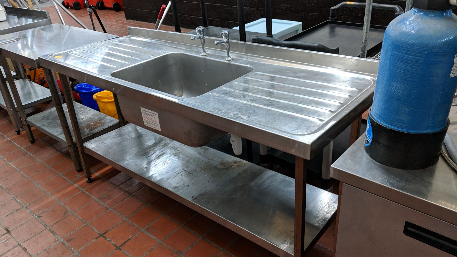 Stainless steel twin-tier table/sink arrangement with drainers on either side circa 1800mm long Lots - Image 2 of 4