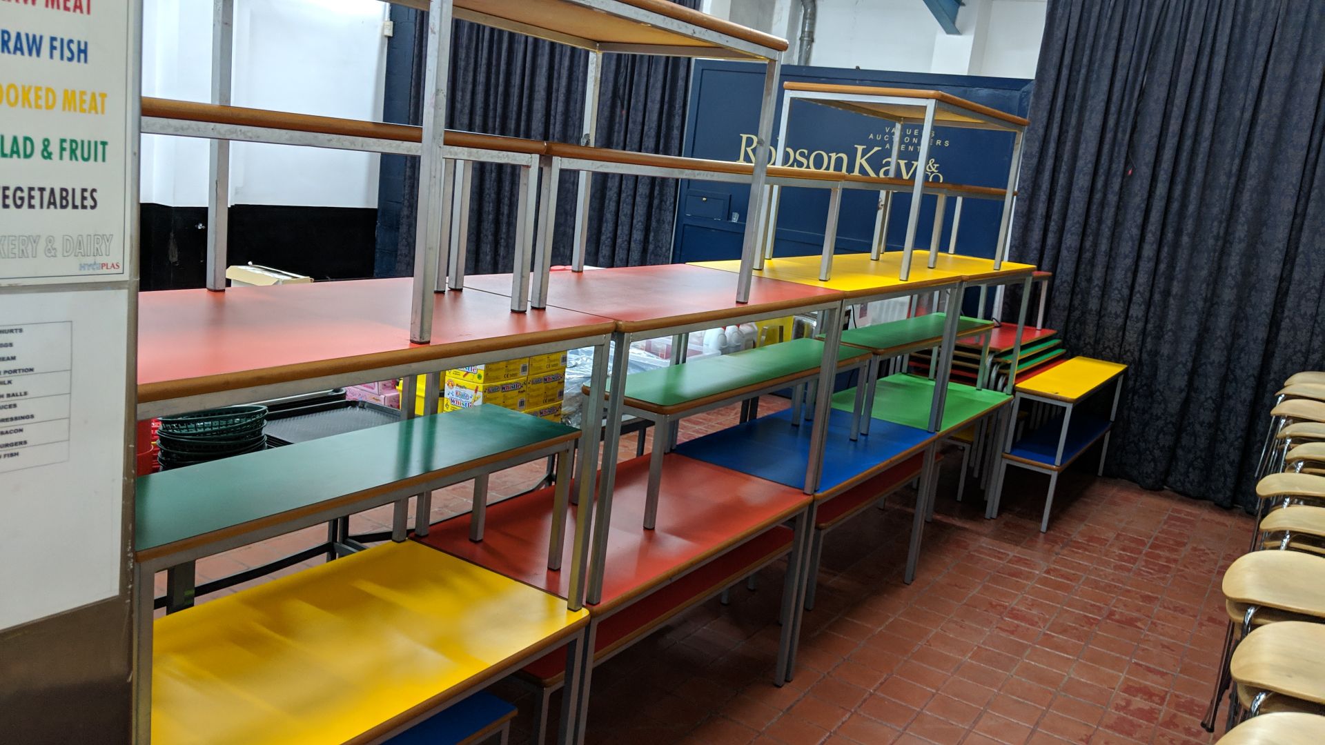 Quantity of children's furniture in assorted bright colours consisting of 5 stacking rectangular