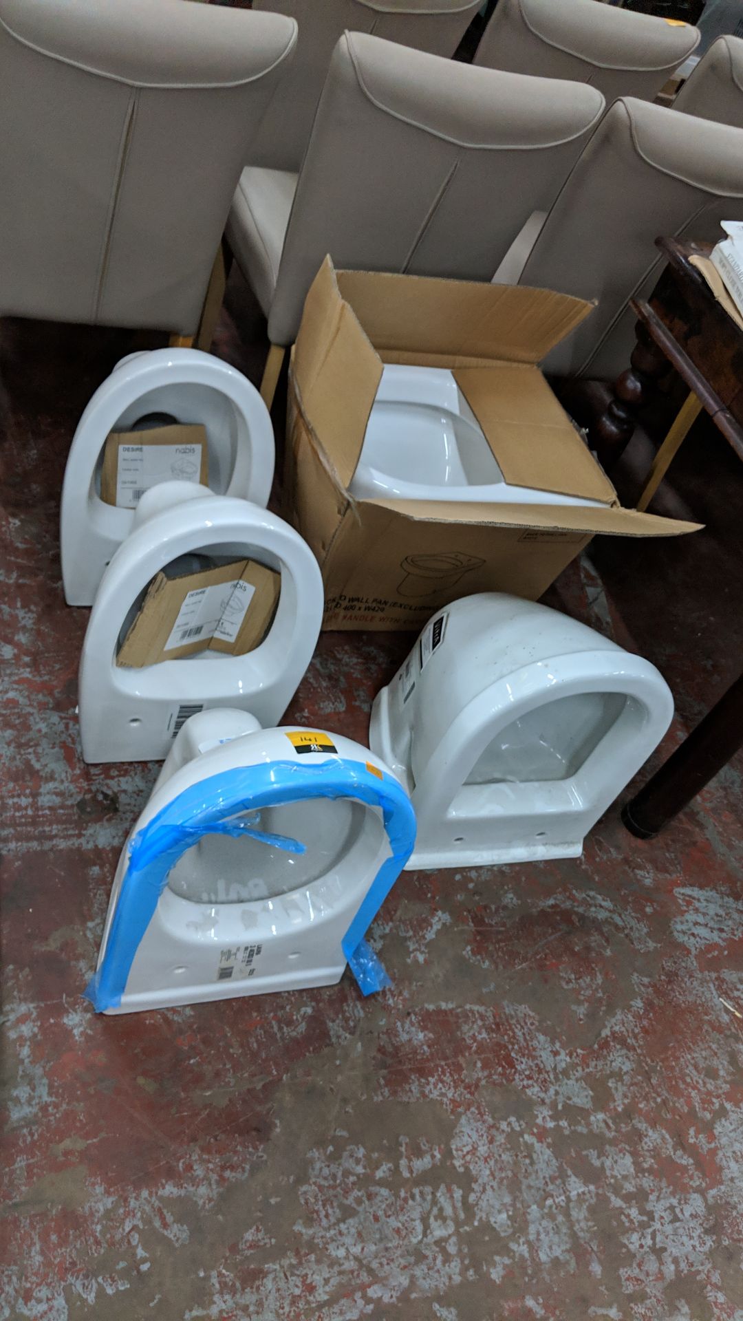 5 assorted back-to-wall WC pans, mostly for wall hanging Lots 100 - 142 & 146 - 167 are being sold