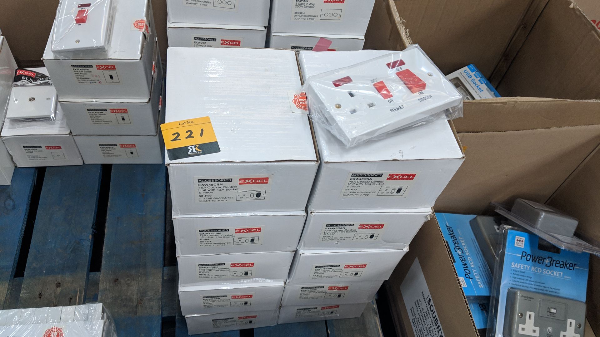 10 boxes of Excel 45A cooker control units with 13A socket & neon - each box typically contains 5