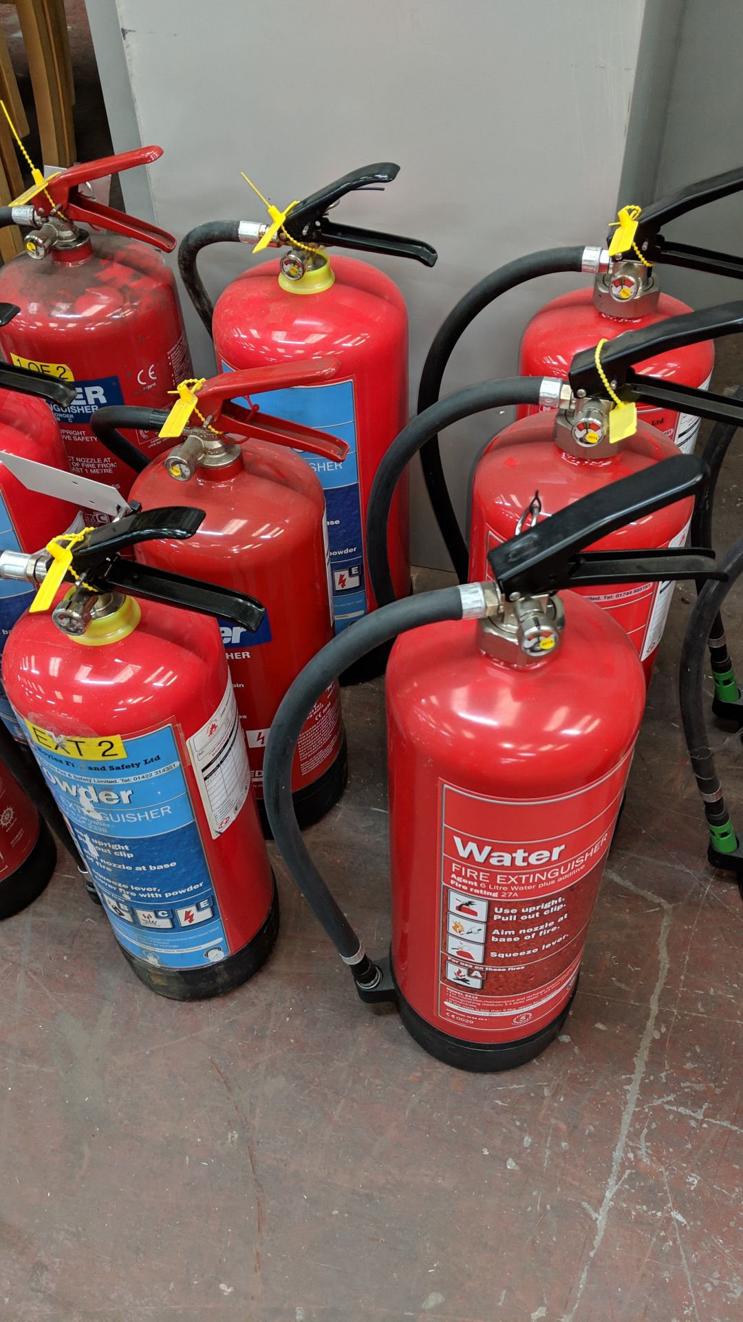 9 off assorted powder and water fire extinguishers, typically showing last service dates of 2017/ - Image 4 of 4