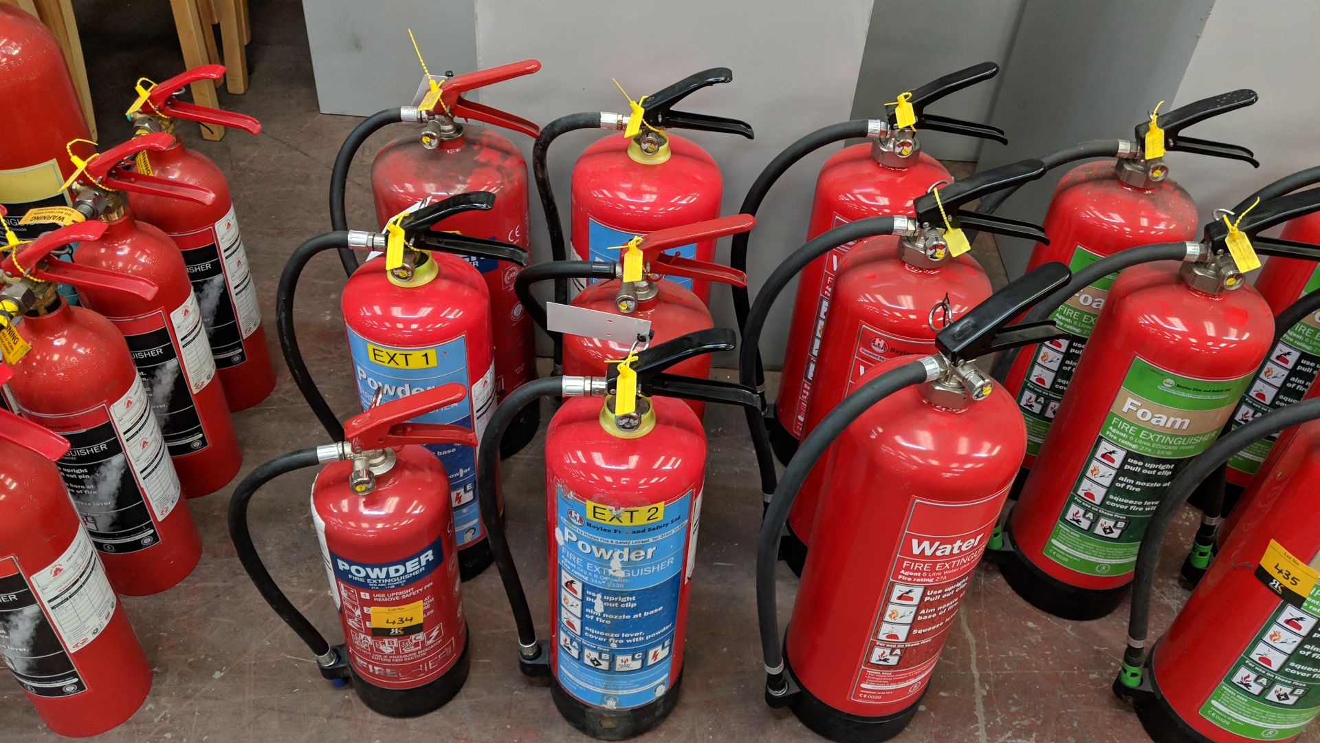 9 off assorted powder and water fire extinguishers, typically showing last service dates of 2017/ - Image 2 of 4