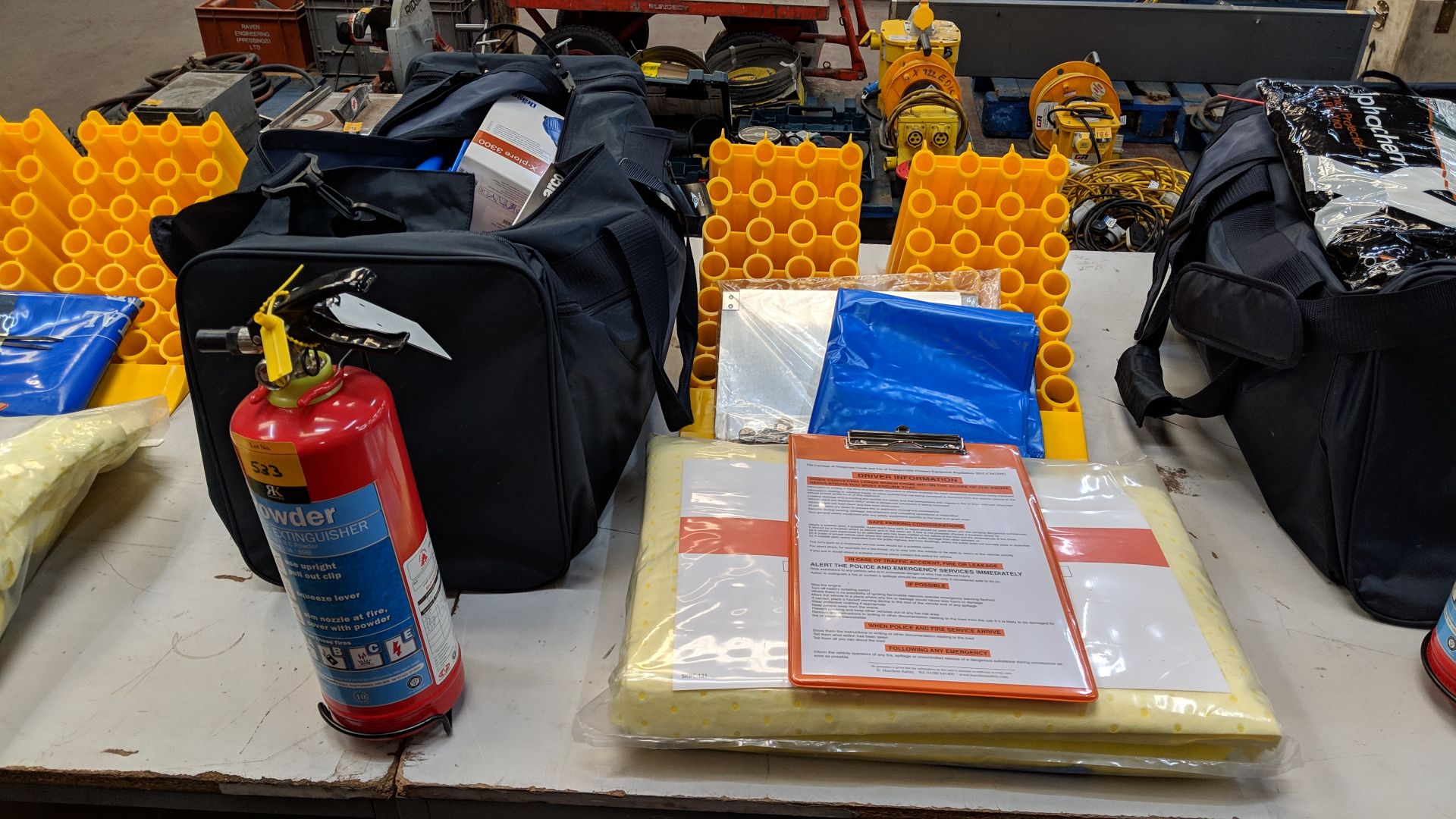 Vehicle disaster kit comprising bag with wide variety of emergency equipment plus fire extinguisher,
