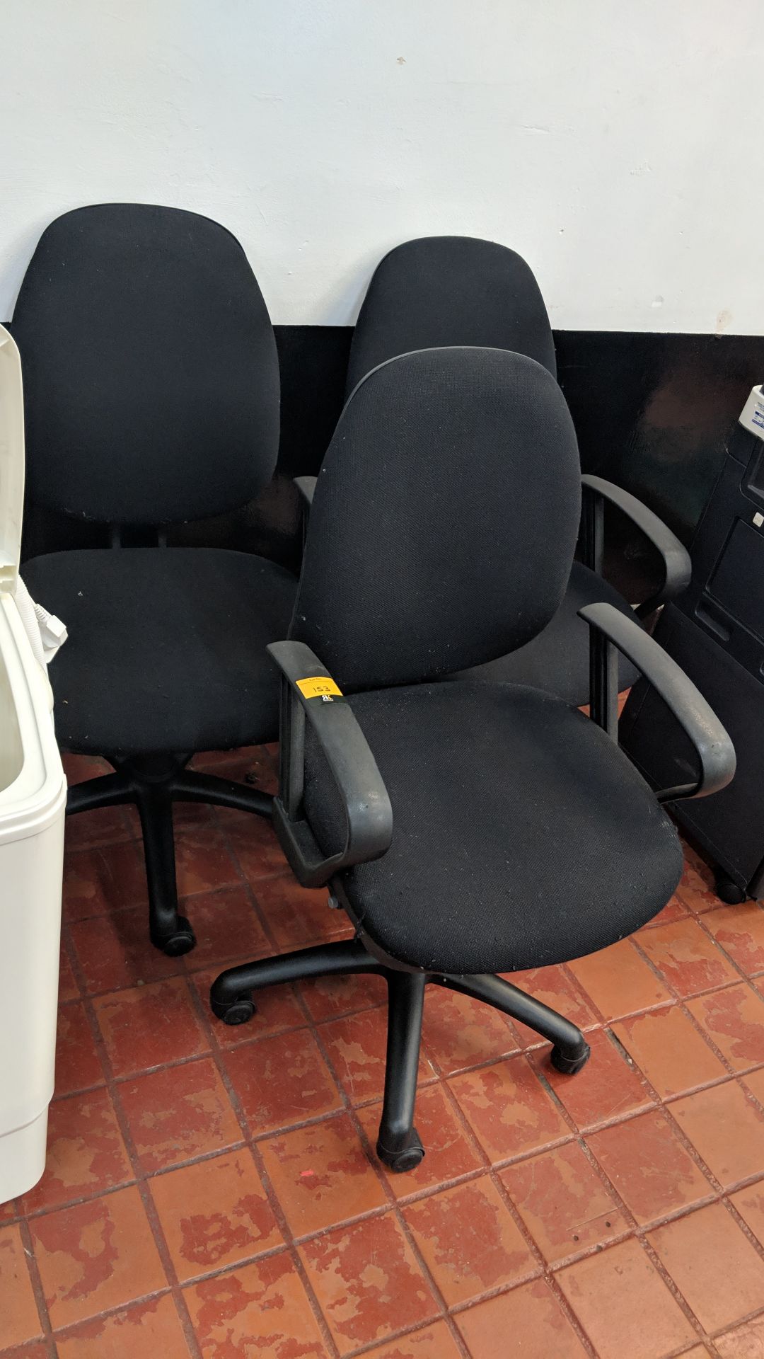 3 off operator's chairs in black fabric, with arms IMPORTANT: Please remember goods successfully bid