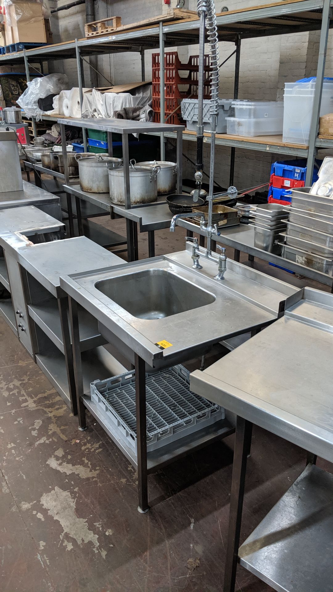 Stainless steel tables, basin & overhead flexi tap for use either side of a commercial dishwasher - Image 3 of 6