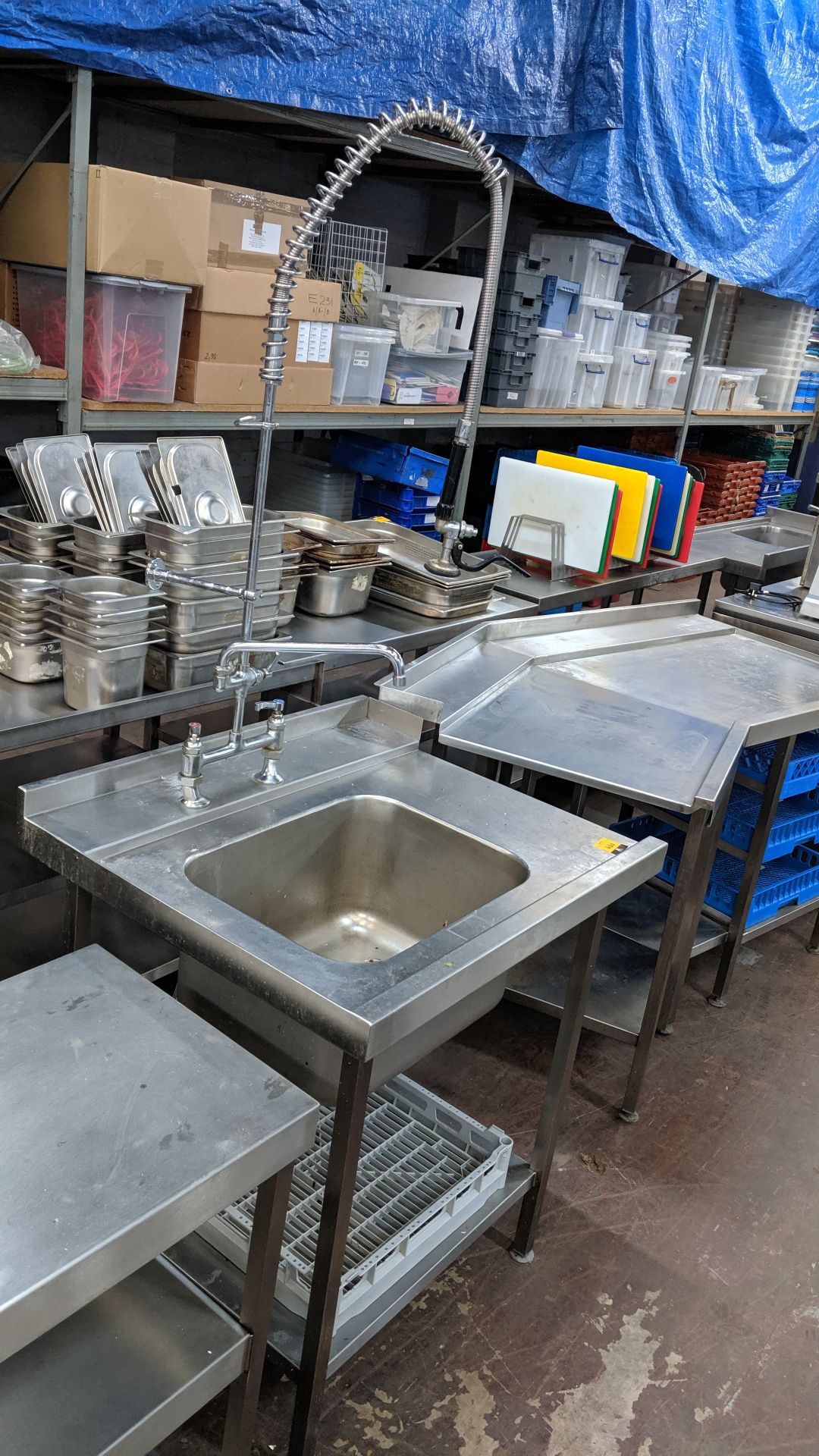 Stainless steel tables, basin & overhead flexi tap for use either side of a commercial dishwasher - Image 4 of 6