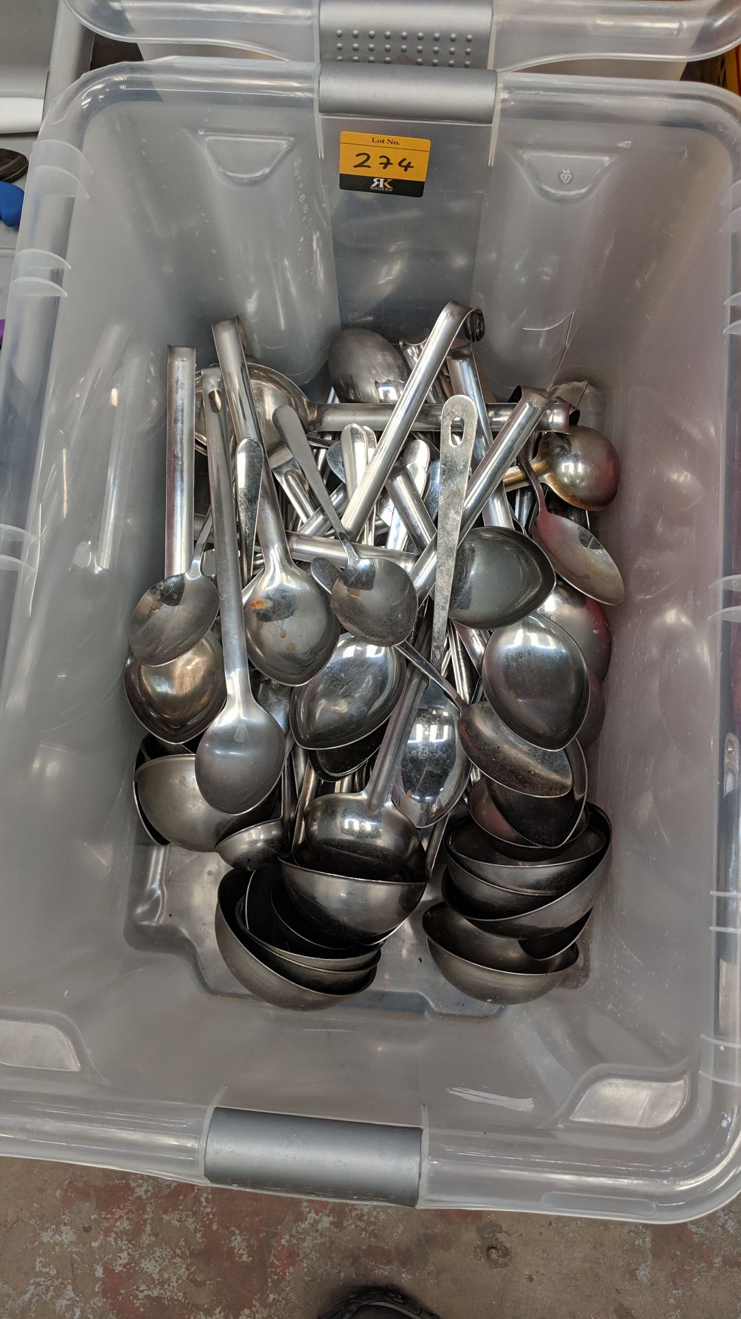 The contents of a crate of large commercial catering utensils, particularly spoons & ladles - Image 2 of 2