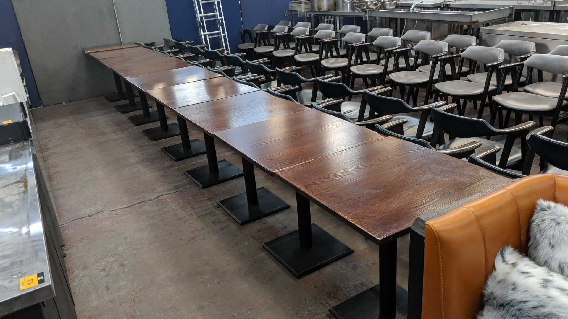 9 off matching square wooden dining tables on single pedestal bases, each with a table top measuring - Image 2 of 5