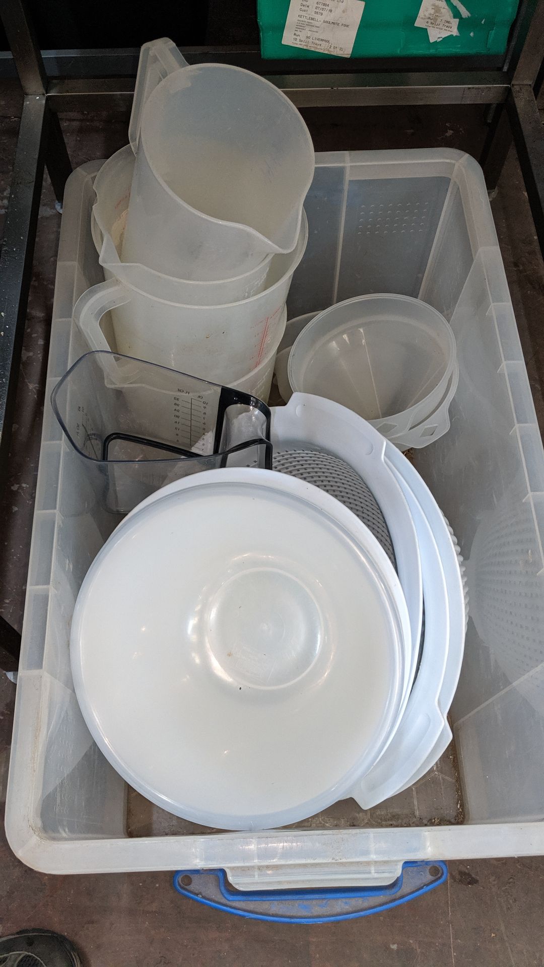 The contents of a crate of assorted large plastic bowls, jugs, funnels & more - crate excluded - Image 2 of 3