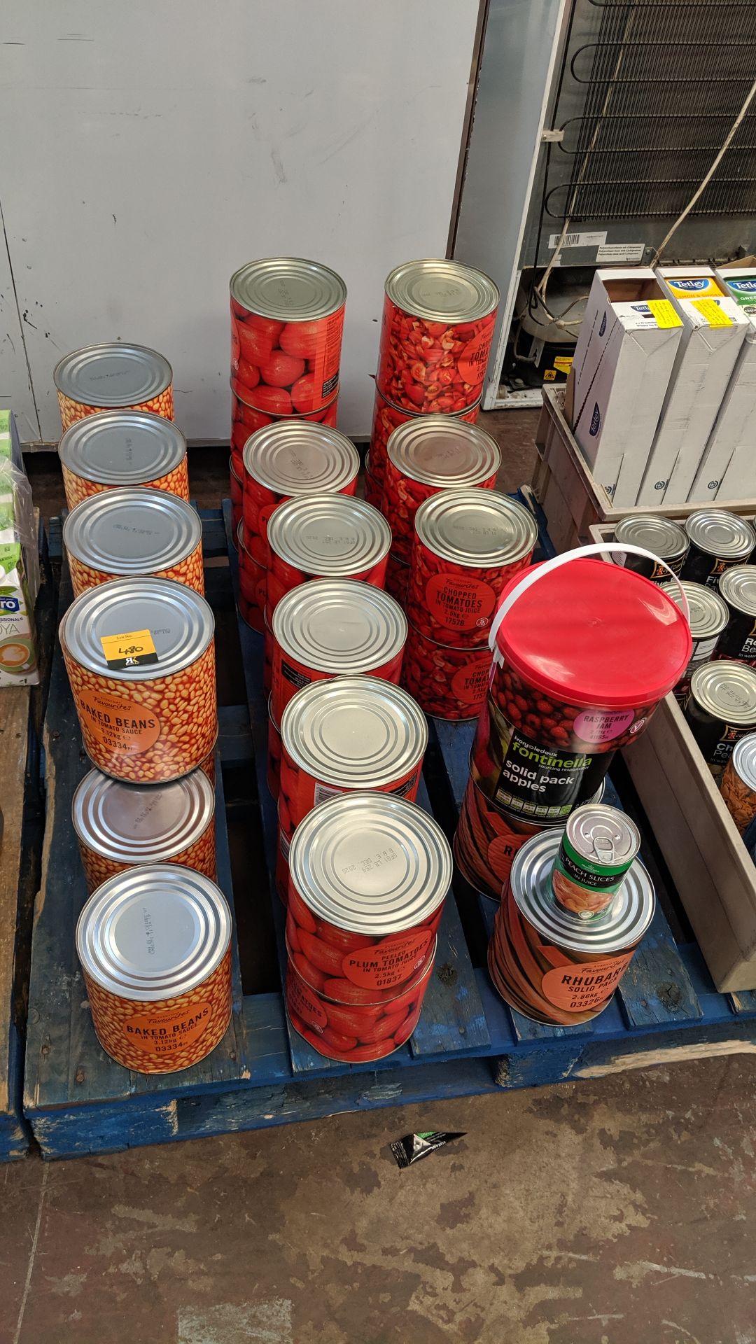 Triple row of catering size tins of baked beans, tomatoes, rhubarb & more - this lot consists of