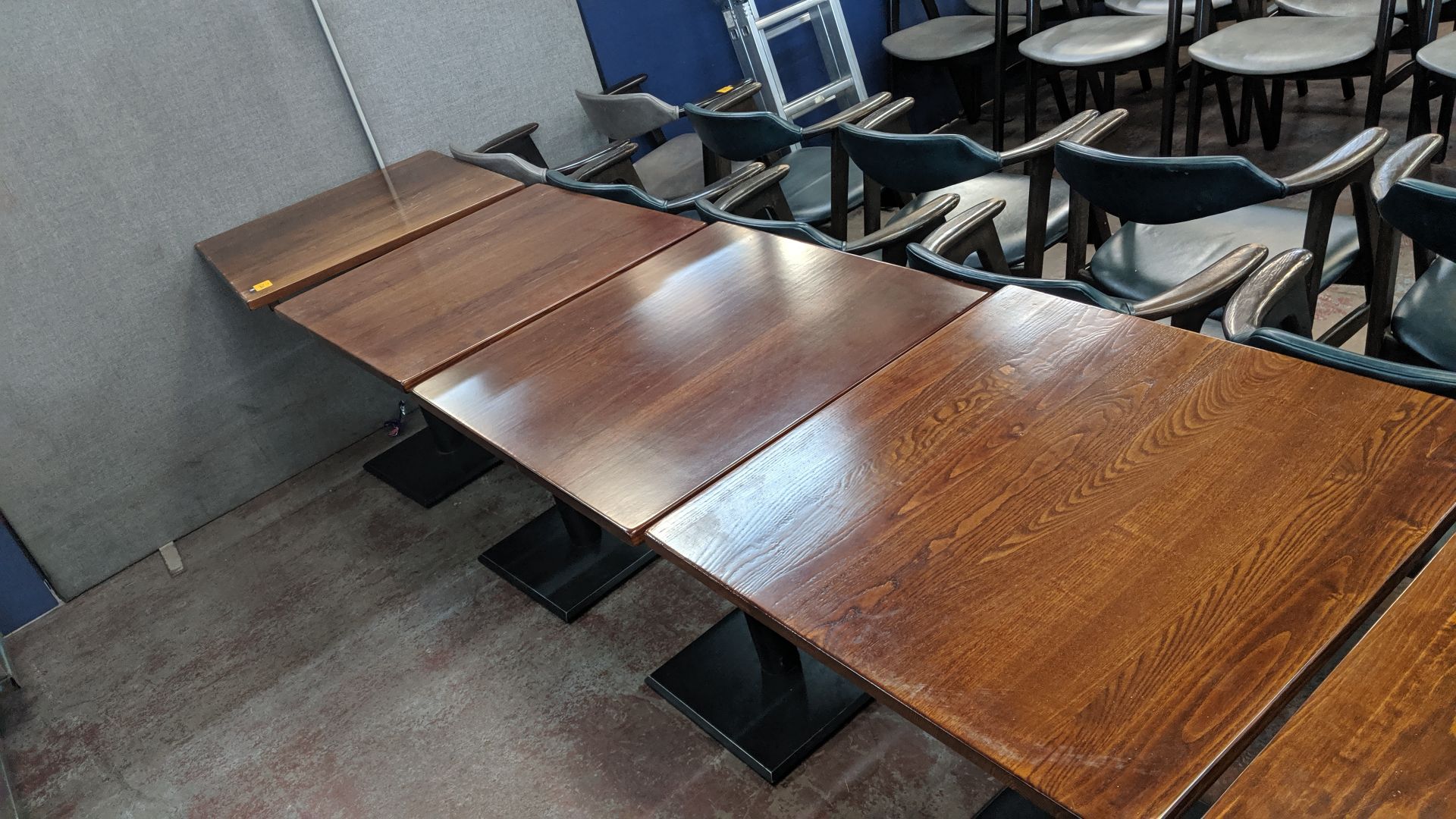 9 off matching square wooden dining tables on single pedestal bases, each with a table top measuring - Image 5 of 5