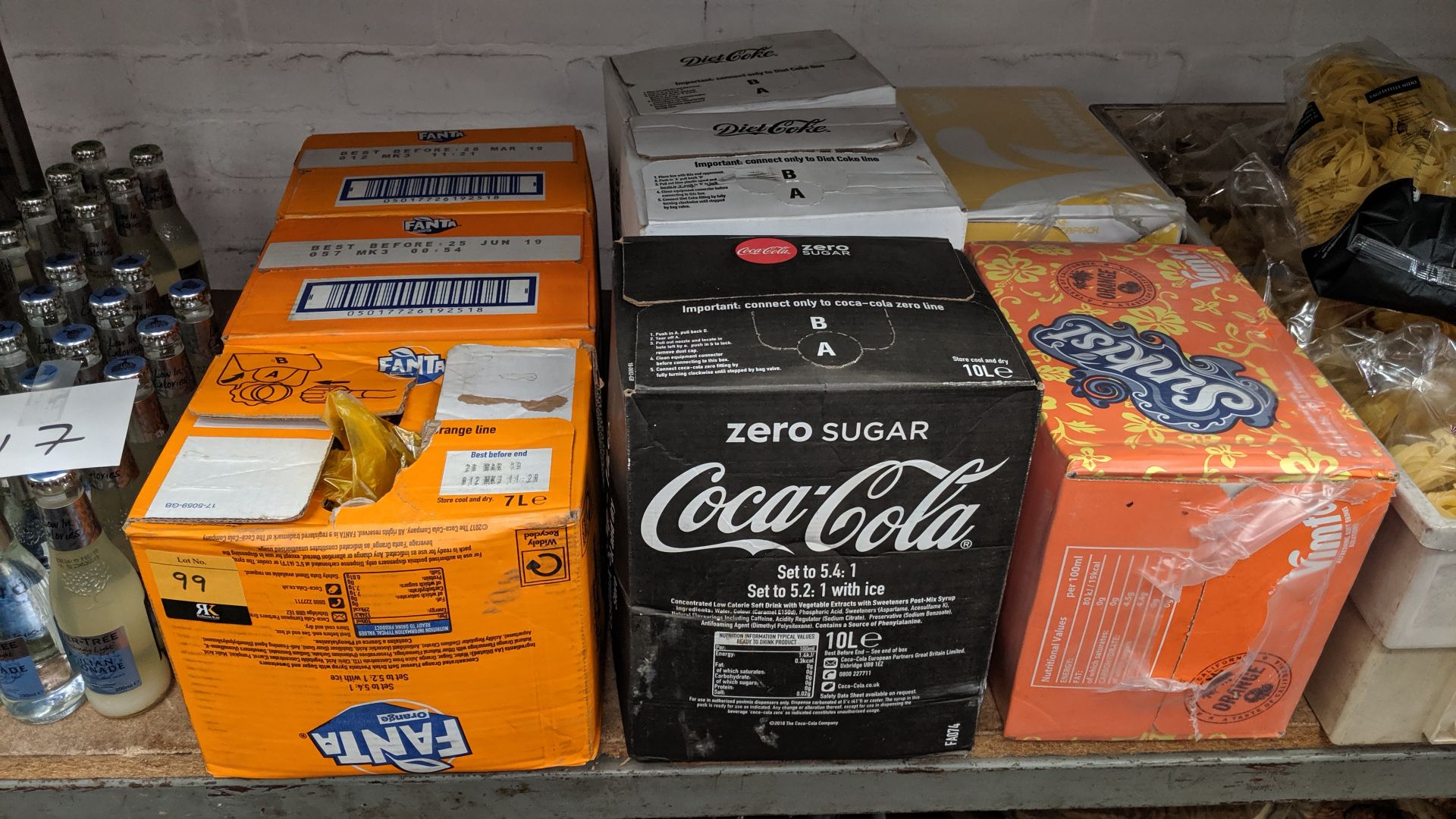 8 assorted boxes of post-mix drinks syrup comprising Fanta, diet cola, Coca Cola Zero, Sunkist &