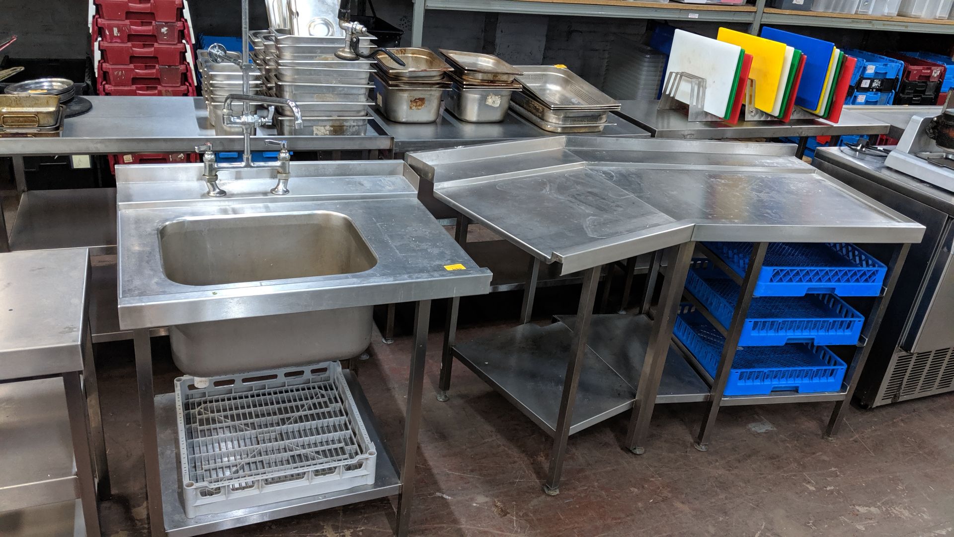 Stainless steel tables, basin & overhead flexi tap for use either side of a commercial dishwasher