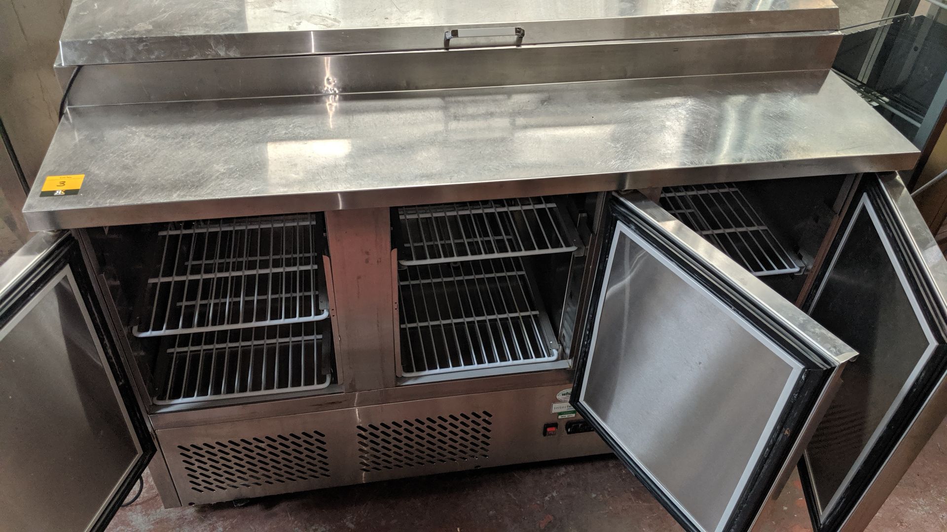 Interlevin stainless steel refrigerated triple door prep counter with hinged lid access salad - Image 3 of 7