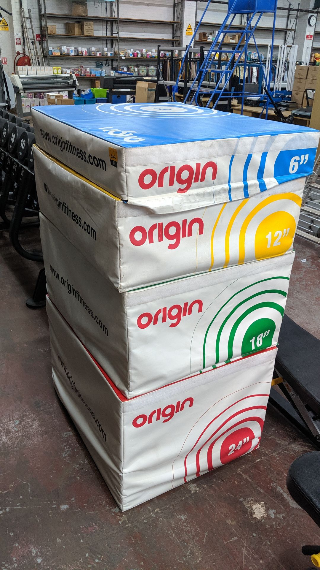 Origin Fitness soft plyo box set of 4 - 6", 12", 18" and 24" Lots 336 - 365 consist of gym equipment