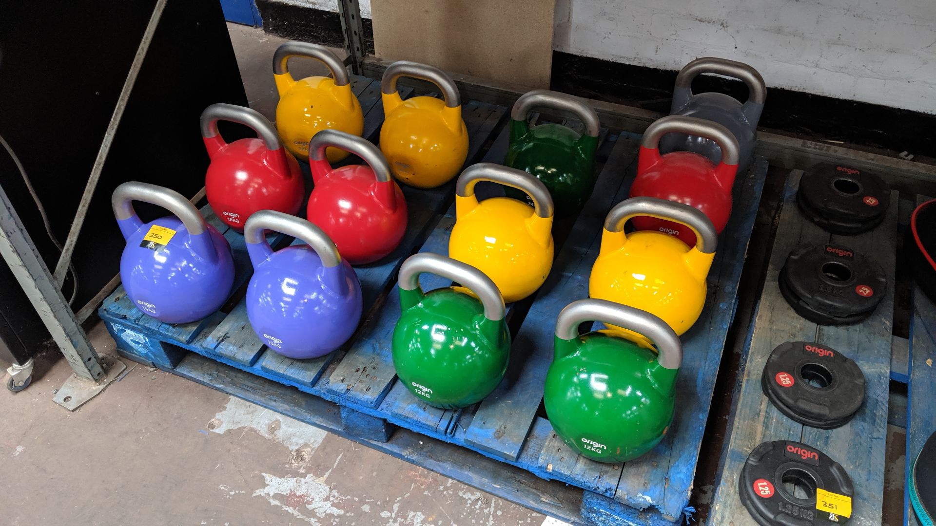 Set of Origin Fitness competition kettlebells. This lot consists of 13 kettlebells as follows: 2 off