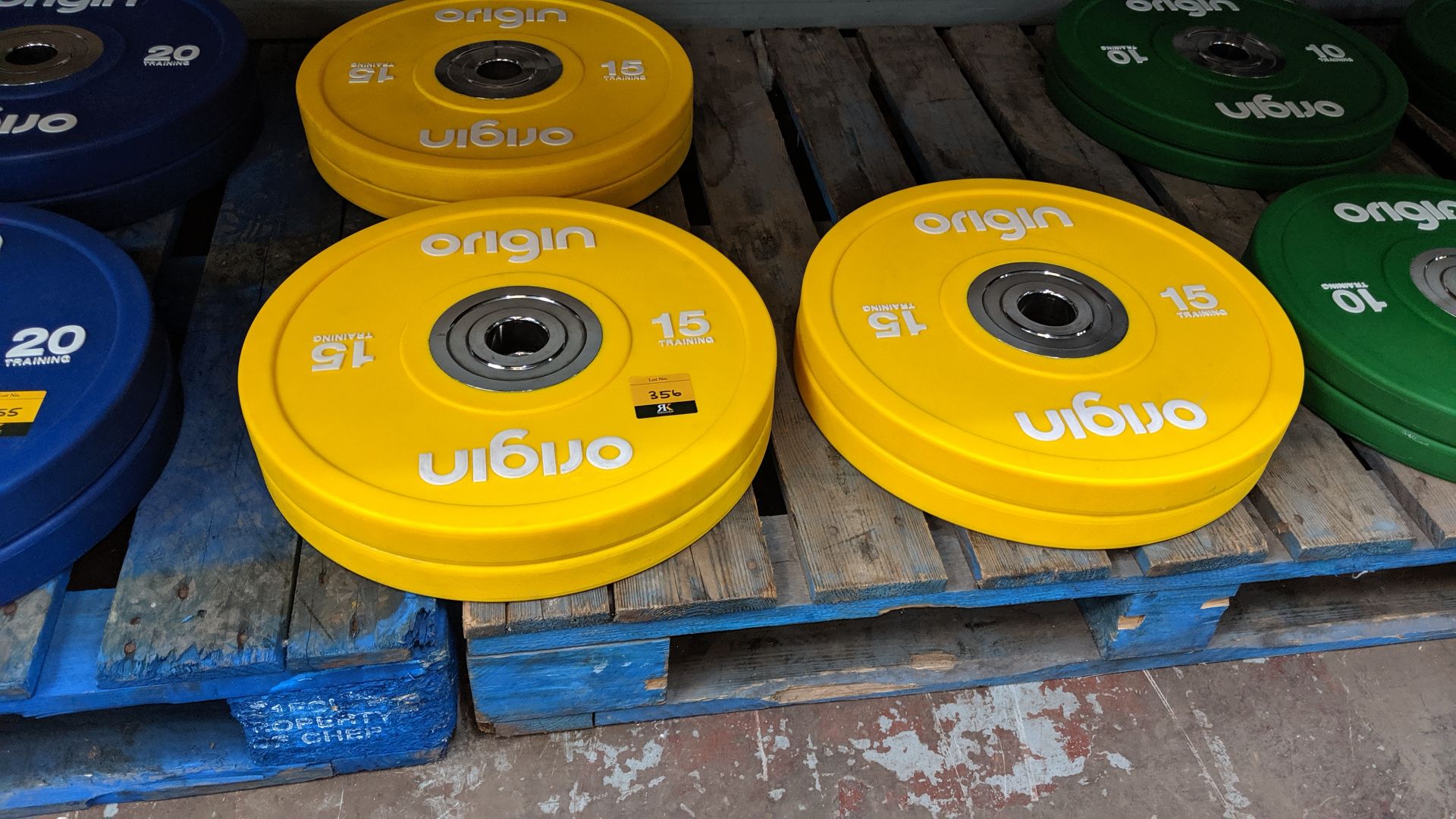 6 off Origin Fitness 15kg coloured urethane bumper plates Lots 336 - 365 consist of gym equipment - Image 3 of 3