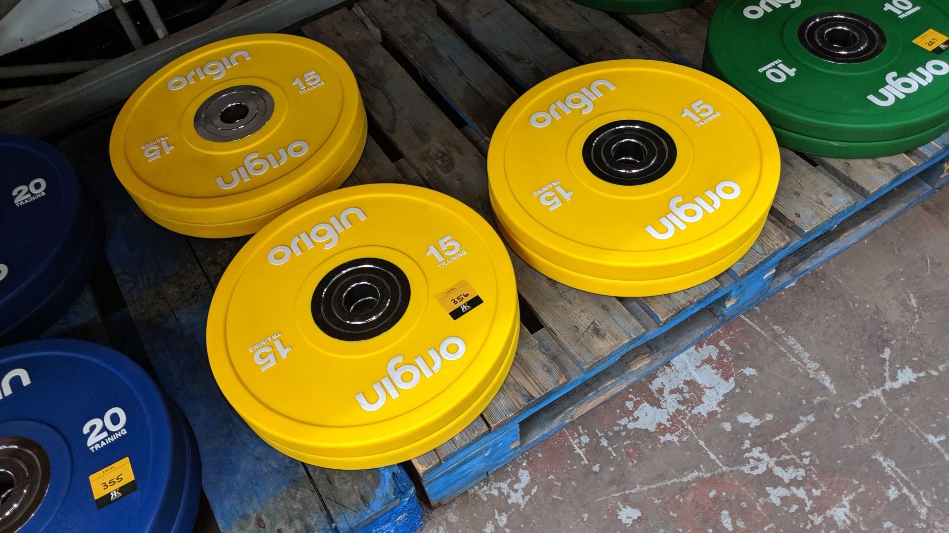 6 off Origin Fitness 15kg coloured urethane bumper plates Lots 336 - 365 consist of gym equipment