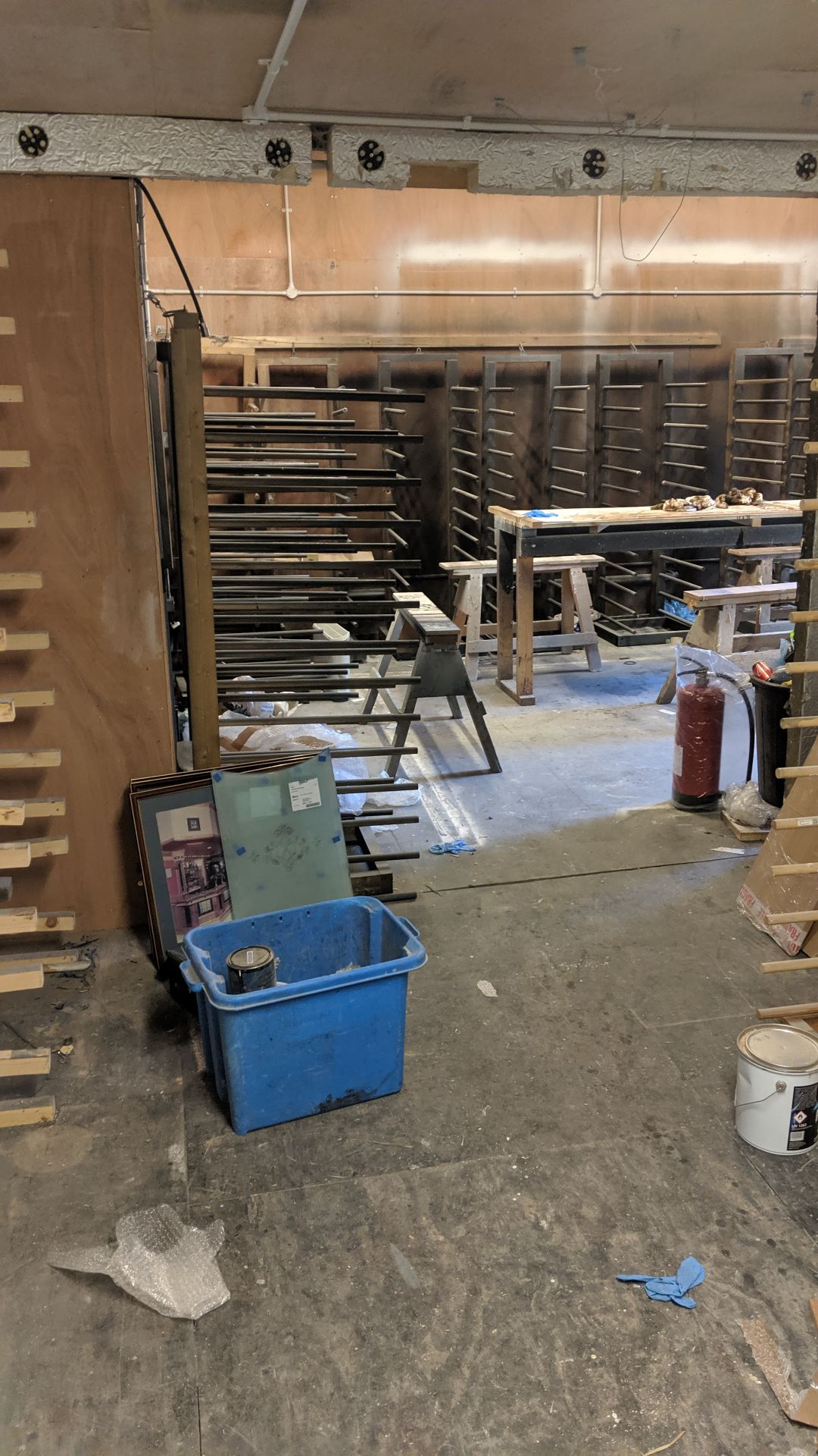 Contents of a paint drying room including approx. 14 drying racks, wooden trestles, 2 off metal - Image 9 of 17