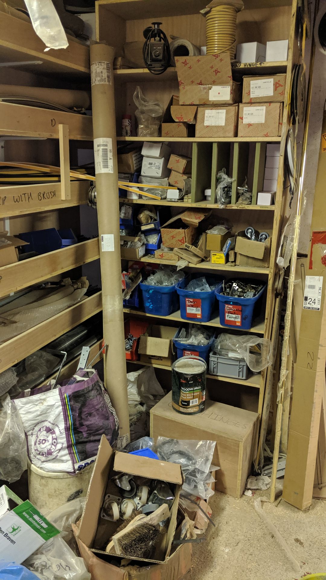 Complete contents of the stockroom including door closers, hinges, handles, fixings, drawer runners, - Image 12 of 29