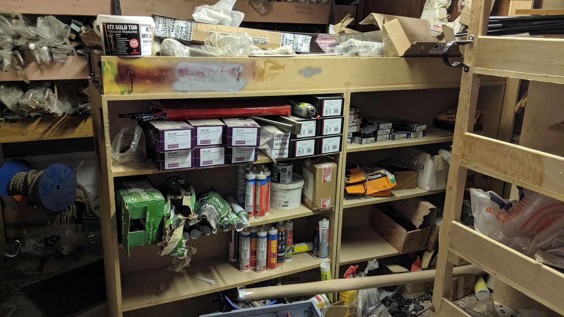 Complete contents of the stockroom including door closers, hinges, handles, fixings, drawer runners,